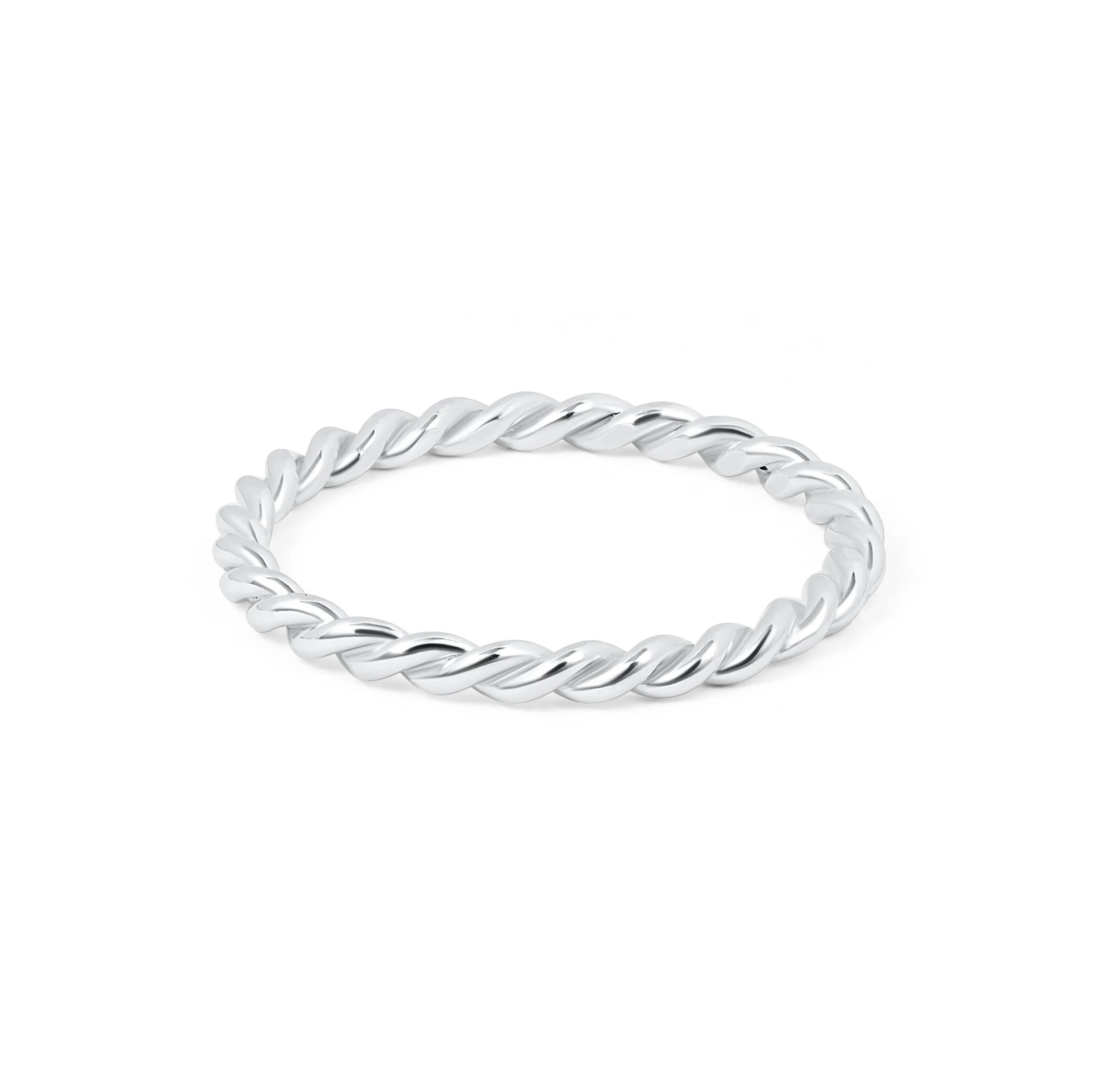 Polished sterling silver twist stacking ring with a delicate rope design, ideal for layering or wearing alone.