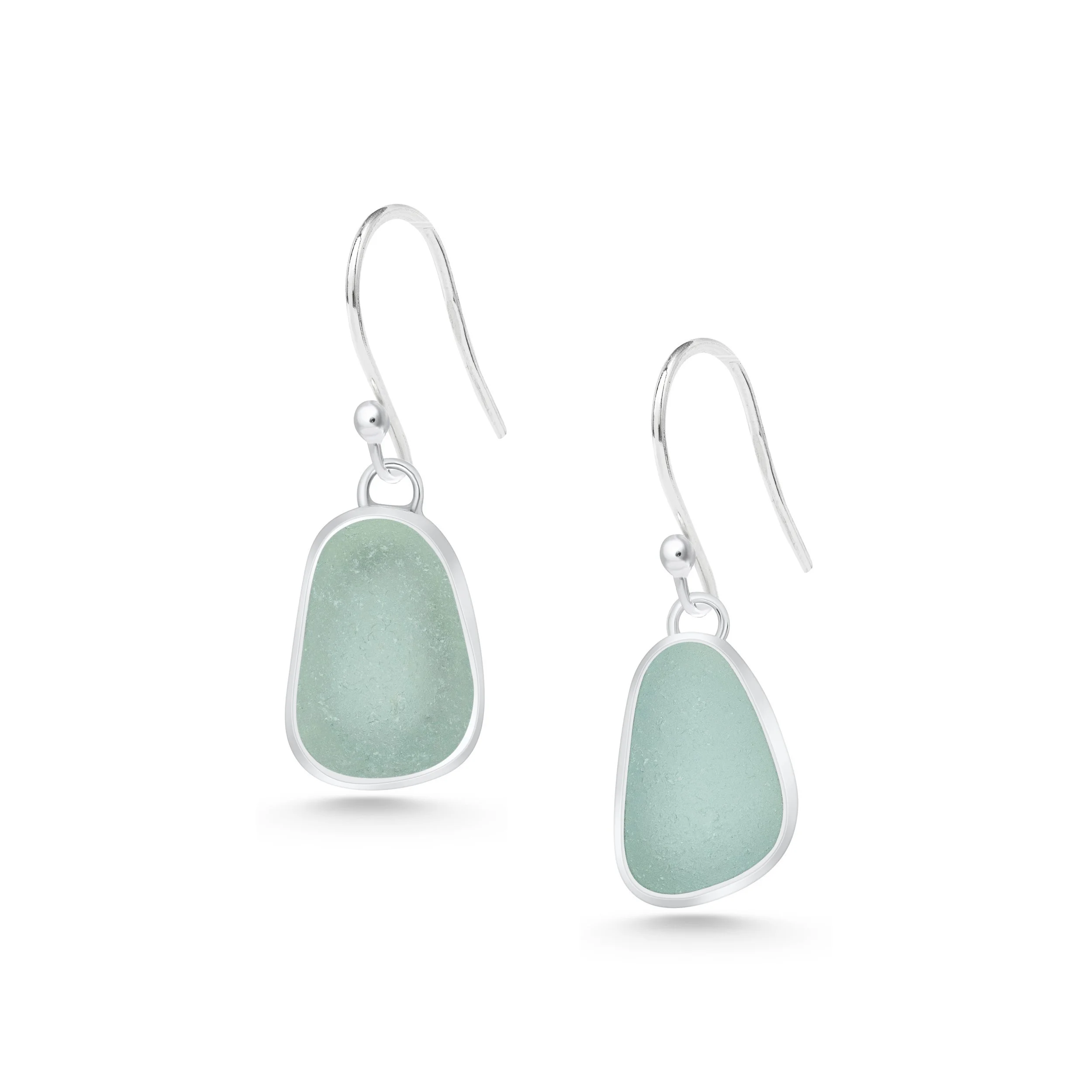Sterling silver drop earrings with smooth aqua sea glass pebbles and minimalist ear wires, coastal inspired jewellery design.