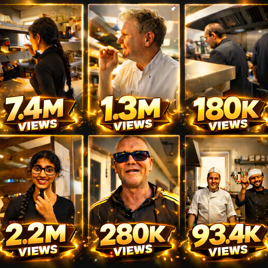 Collage of six restaurant or culinary workers, each with the number of views in social media: top left has a woman with braid working in a kitchen with 7.4 million views, top middle shows a man in a white chef coat with 1.3 million views, top right depicts two men working in a restaurant kitchen with 180,000 views, bottom left is a woman with glasses smiling with 2.2 million views, bottom middle is an older man in sunglasses with 280,000 views, bottom right shows two men in chef uniforms in a kitchen with 93,400 views.