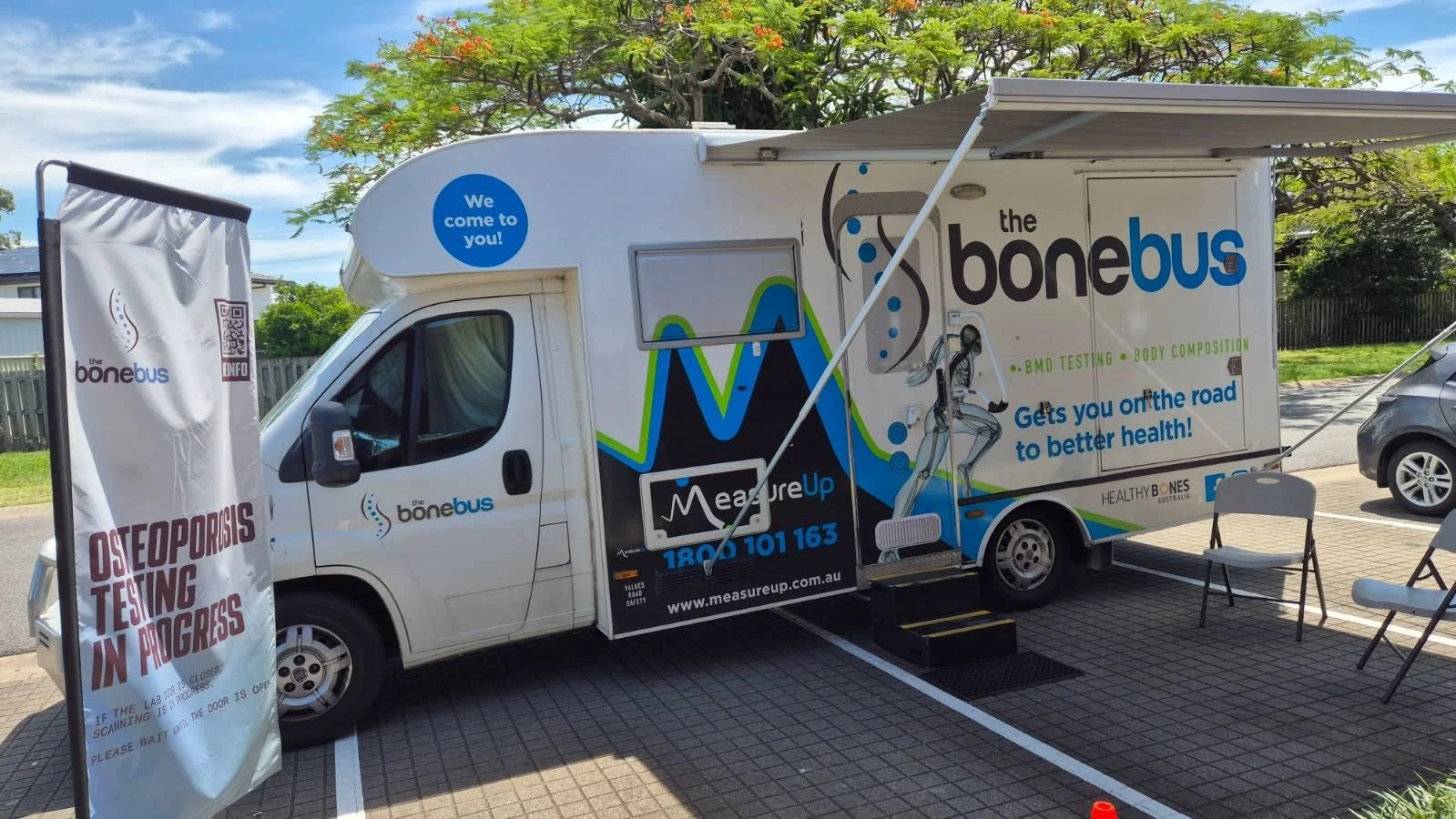 Phot of The Bone Bus parked outside Redland Bay Surgery.