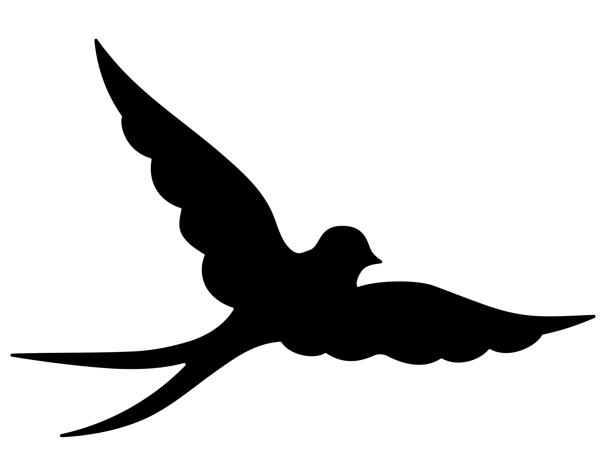 Outline of a flying bird, possibly a swallow or similar bird, with wings spread wide.