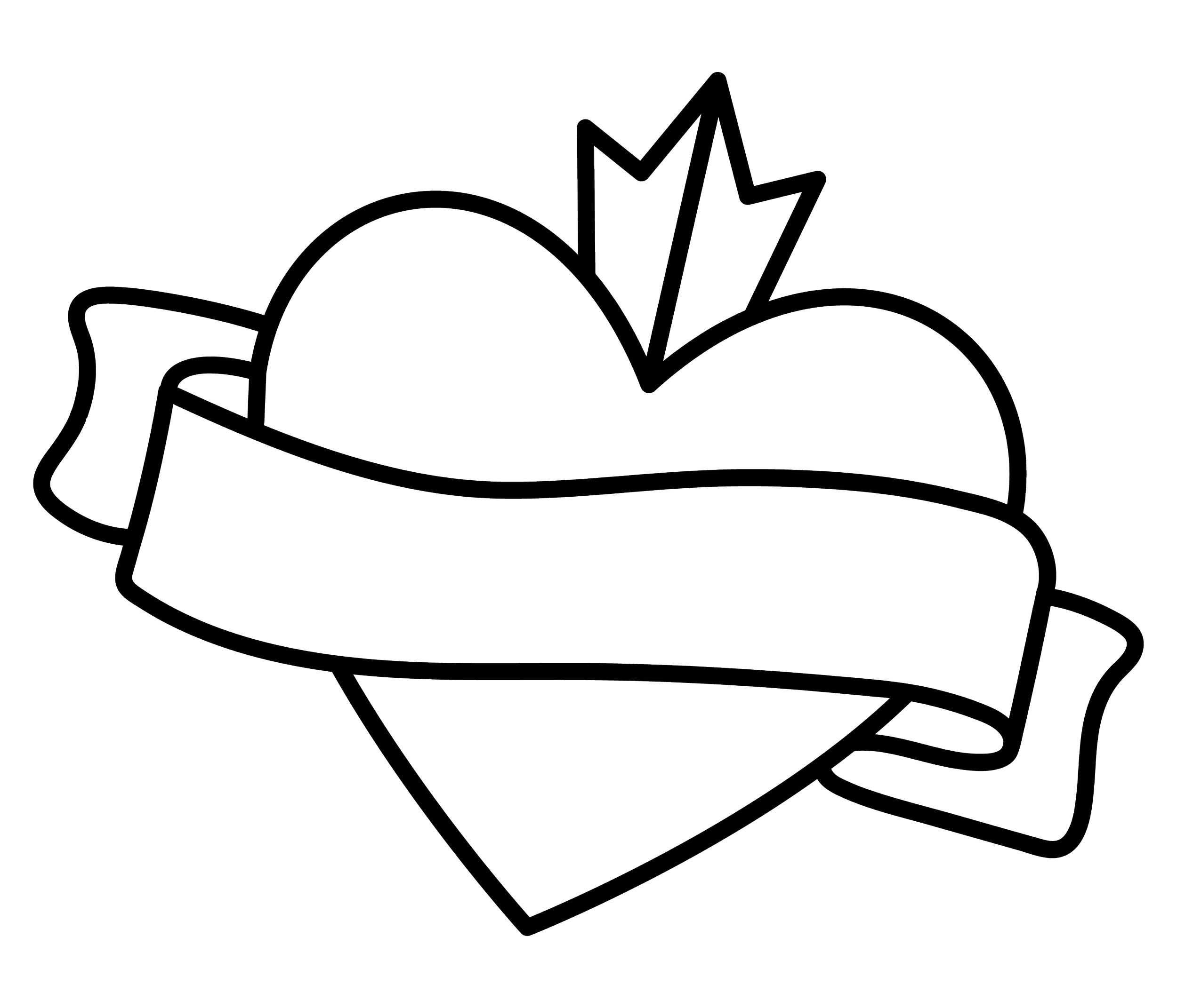 Black and white outline of a sunflower with a leaf and ribbon, on a black background.