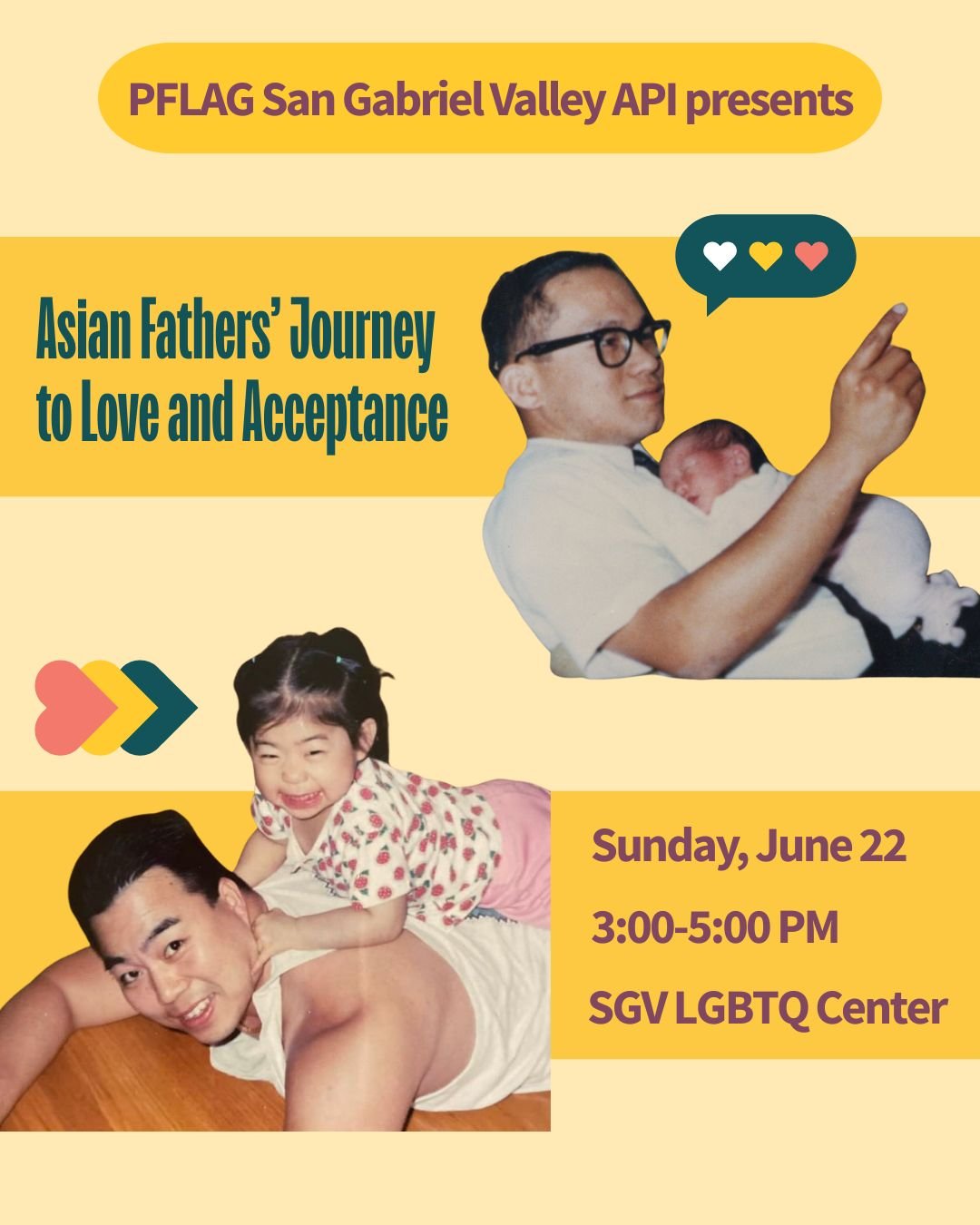 Our upcoming panel &ldquo;Asian Fathers' Journey to Love and Acceptance&rdquo; is THIS Sunday! 

See and hear four Asian fathers, Korean-American, Japanese-American, Filipino-American and Chinese-American, open their hearts and share their journeys o