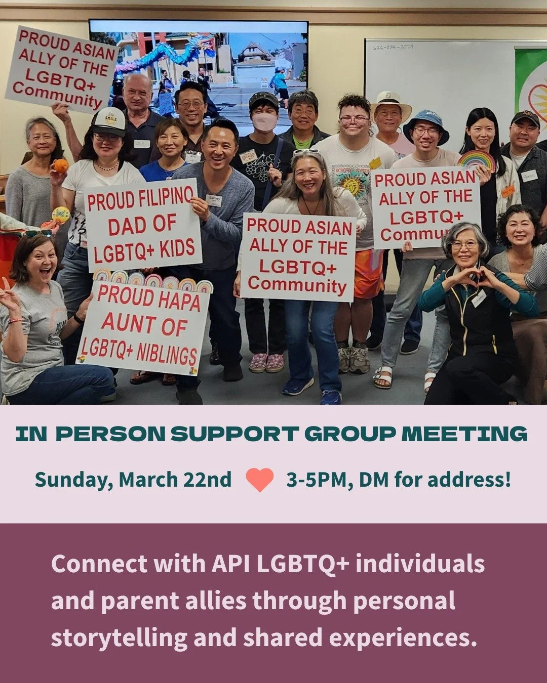Join us this Sunday (3/22, 3-5PM) for our in person support group meeting. DM us for the address.

As always, we will be serving up delicious Asian cuisine from some local restaurants.
See you there! 

#pflag #pflagproud #leadingwithlove