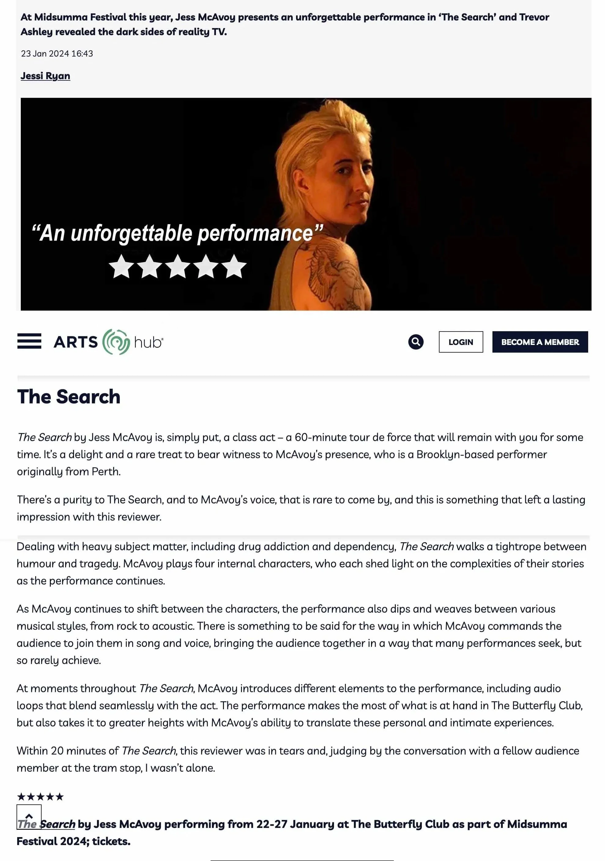 A promotional page for 'The Search' at Midsumma Festival 2024 with the quote 'An unforgettable performance' and a five-star rating.