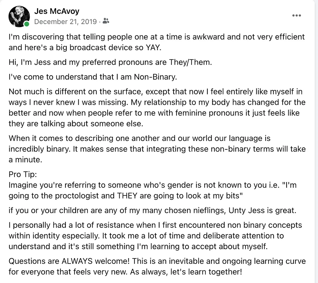 Jess Facebook Status saying preference for they/them pronouns