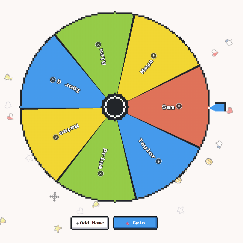 Online Wheel of Names game with 8-bit style with retro console gaming energy