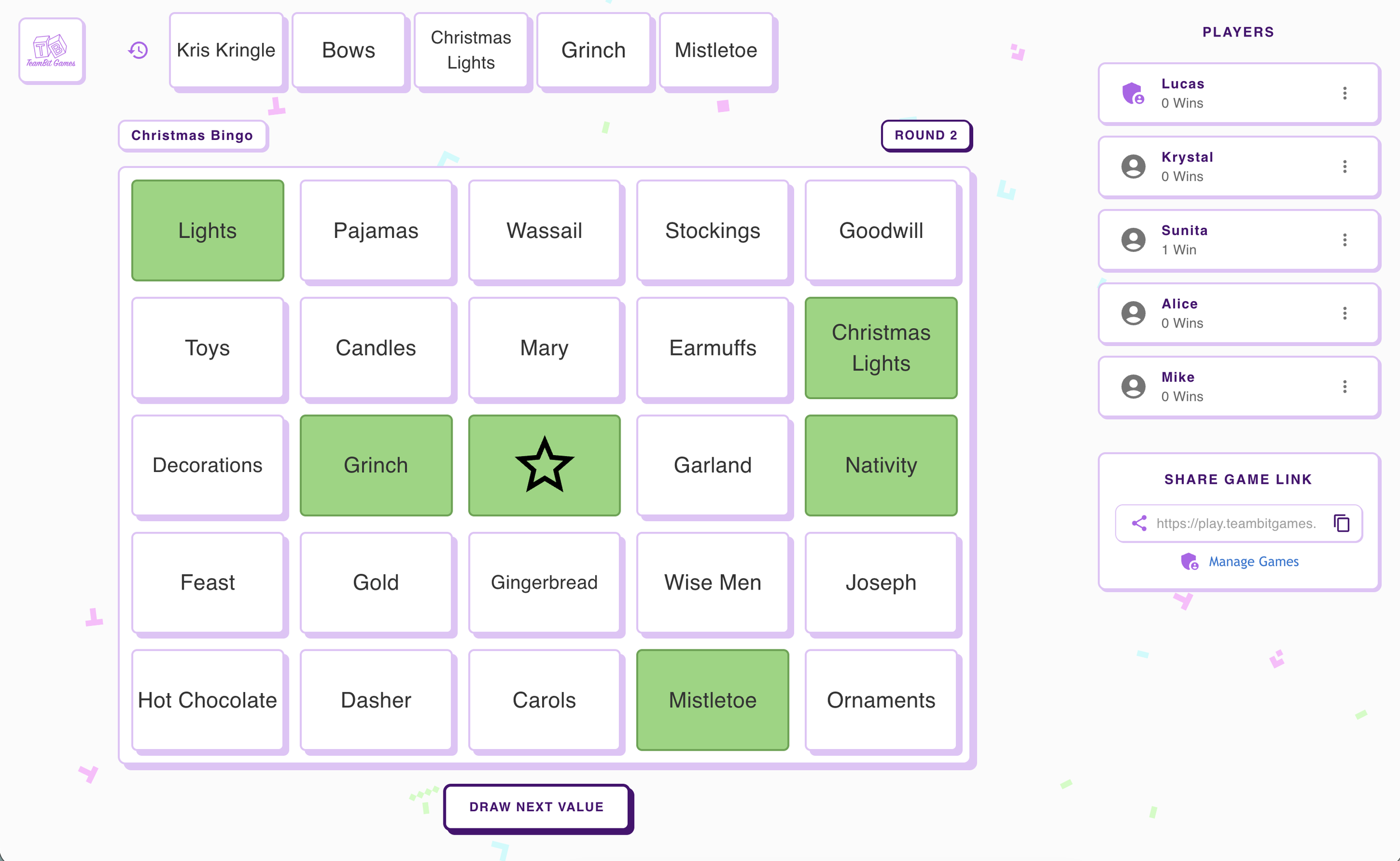 Screenshot of a virtual Christmas bingo game with various holiday-themed words. Some words are marked in green, including lights, Christmas lights, Grinch, nativity, and mistletoe. Other words are unmarked, such as Kris Kringle, bows, Christmas lights, grinch, mistletoe, pajamas, wassail, stockings, goodwill, toys, candles, mary, ear muffs, decorations, feast, gold, gingerbread, wise men, joseph, hot chocolate, dasher, carols, ornaments, and others. The game interface shows player names and a sharing link.