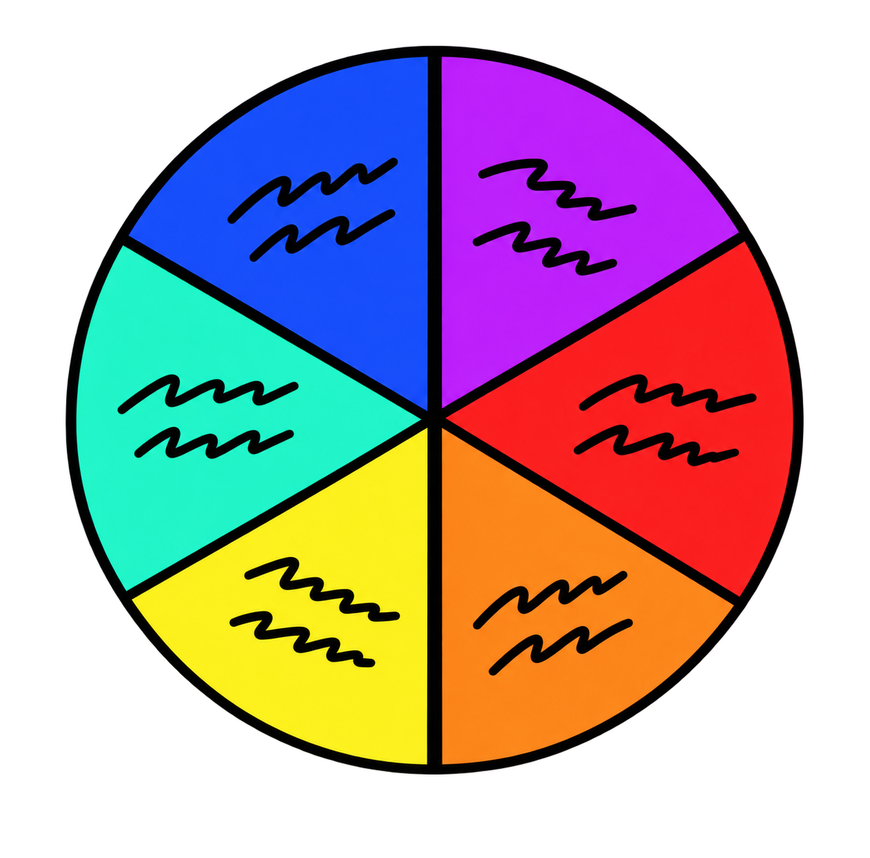 Color wheel divided into six different colored sections: purple, red, orange, yellow, green, and blue, with black wavy lines in each section.