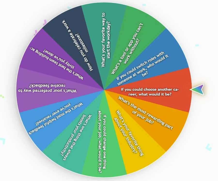 Colorful wheel chart with questions about work and career preferences, including options like changing jobs, choosing a different career, and favorite industry.