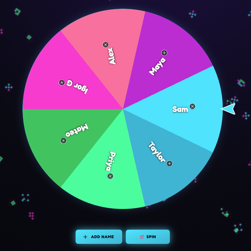 Online Wheel of Names game with glowing Neon appearance