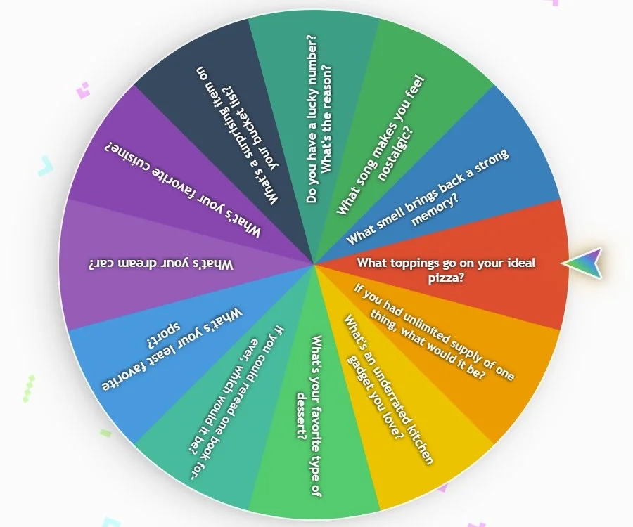 Colorful pie chart with questions about favorite type of desert, toppings for ideal pizza, unlimited supply of one gadget, best-loved type of dessert, last meal, the first word you say when you wake up, an impressive gift, your future Cuise, favorite music, and luck or reason.