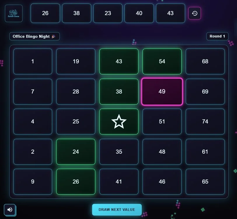 Online Bingo game with Classic theme and glowing Neon appearance