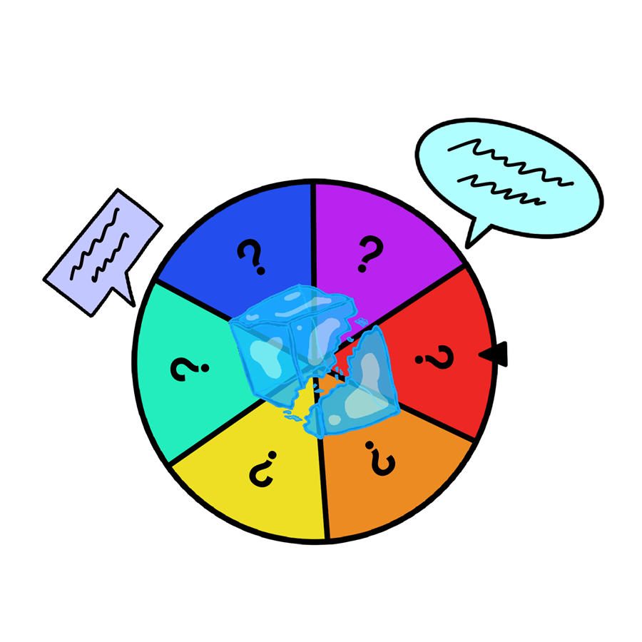 A colorful spinning wheel with six segments labeled with question marks, and an ice cube cracked in half placed on top. The wheel has speech bubbles and question marks, indicating a game or quiz context.