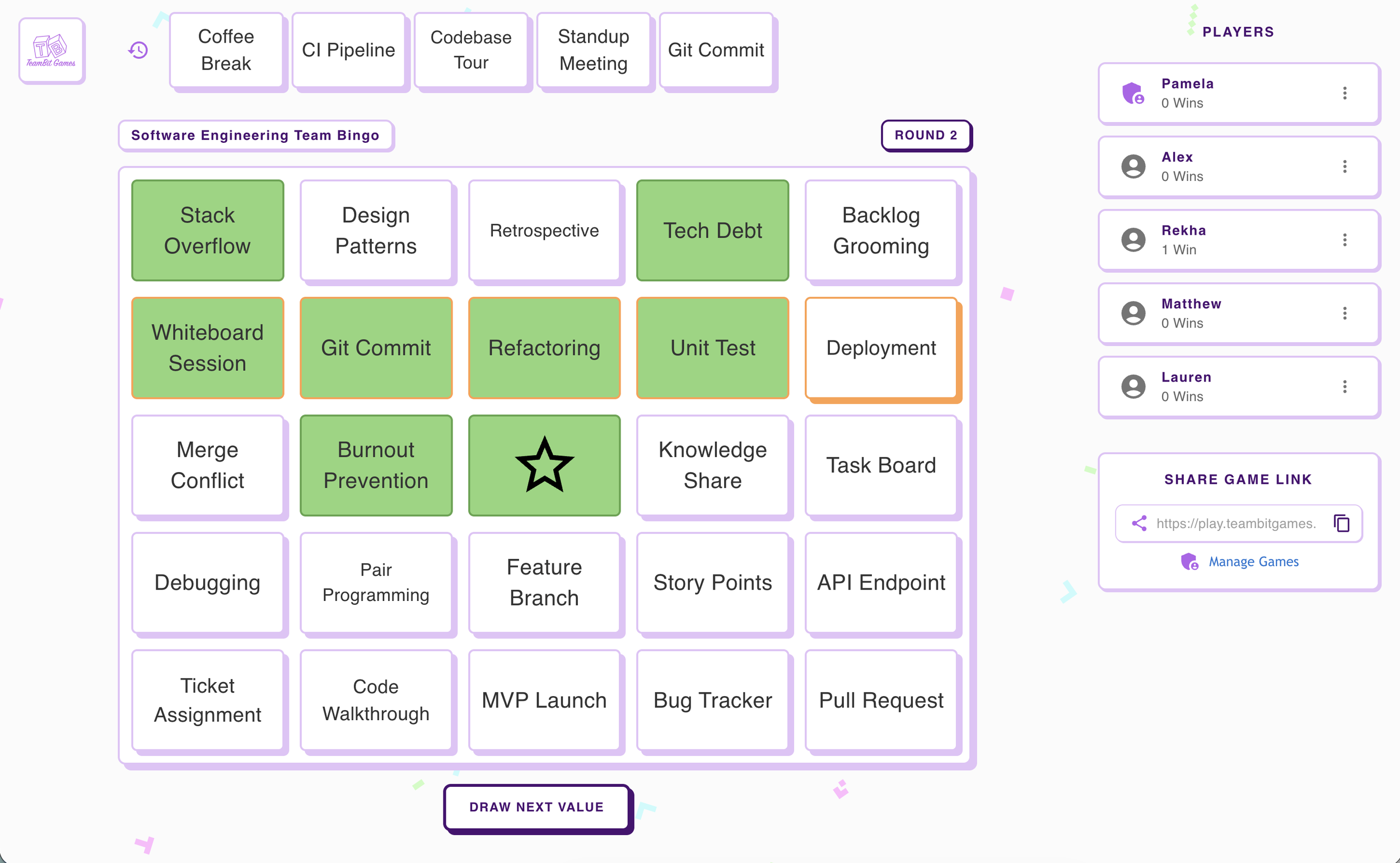 Screenshot of a virtual bingo game with categories related to software engineering, featuring colored tiles, some with titles like 'Stack Overflow,' 'Whiteboard Session,' 'Git Commit,' and 'Refactoring.' The side panel shows player names and game link, with confetti decorations around the interface.