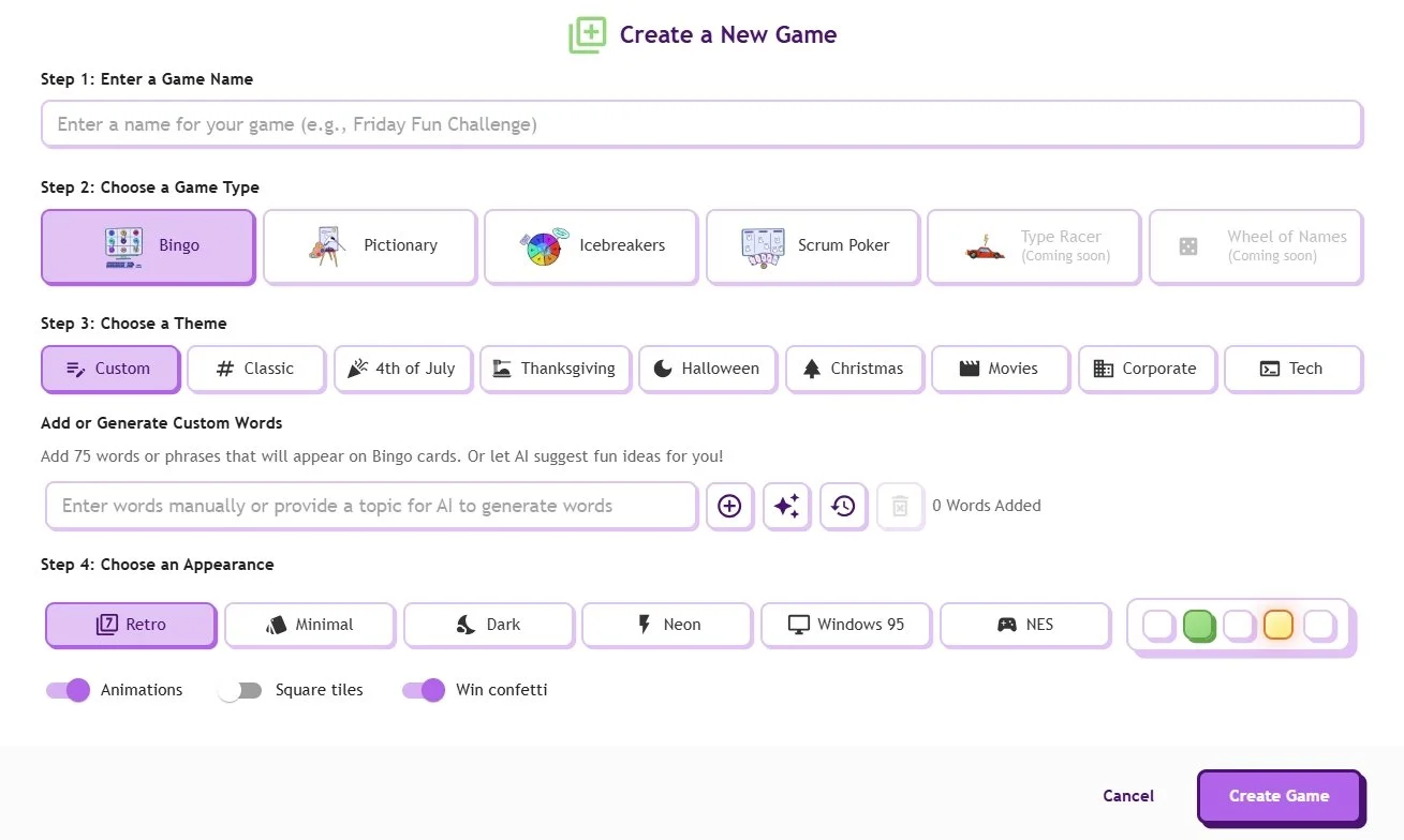 Screenshot of a game creation interface with options to choose game type, theme, appearance, and custom words, with buttons for different themes and appearance styles.