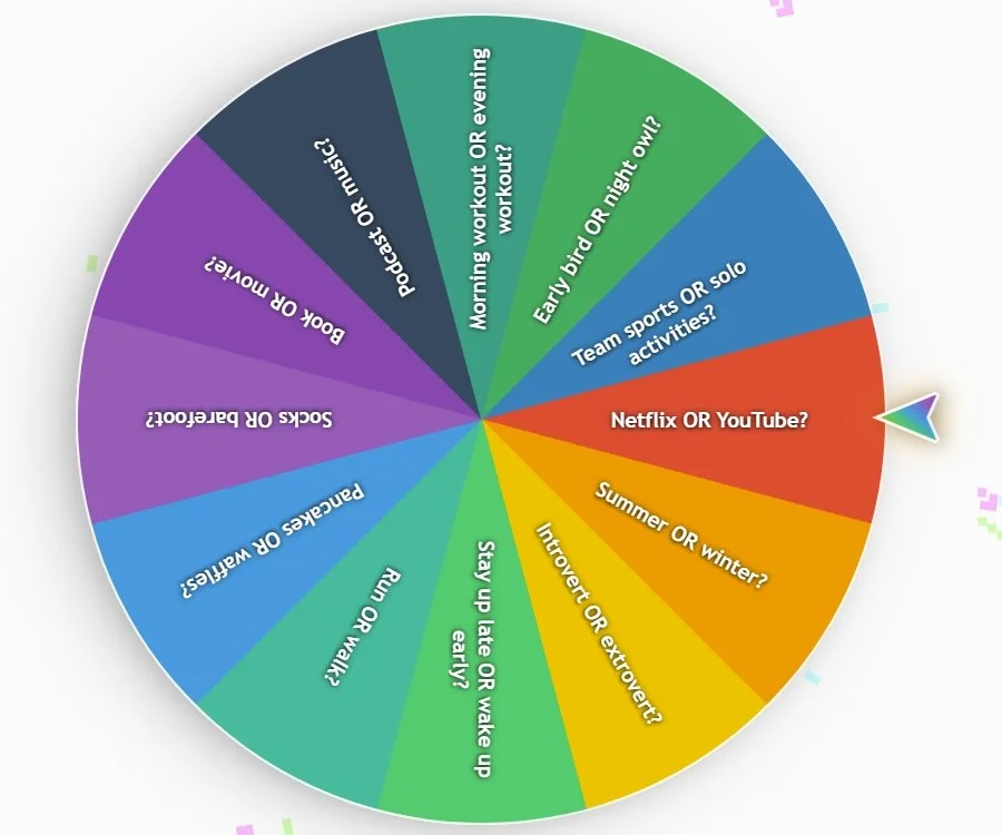 Colorful wheel chart with questions about daily routines, preferences, and activities, including topics like workout time, bird at home, sports, streaming services, seasons, sleep habits, personality traits, work, and music.