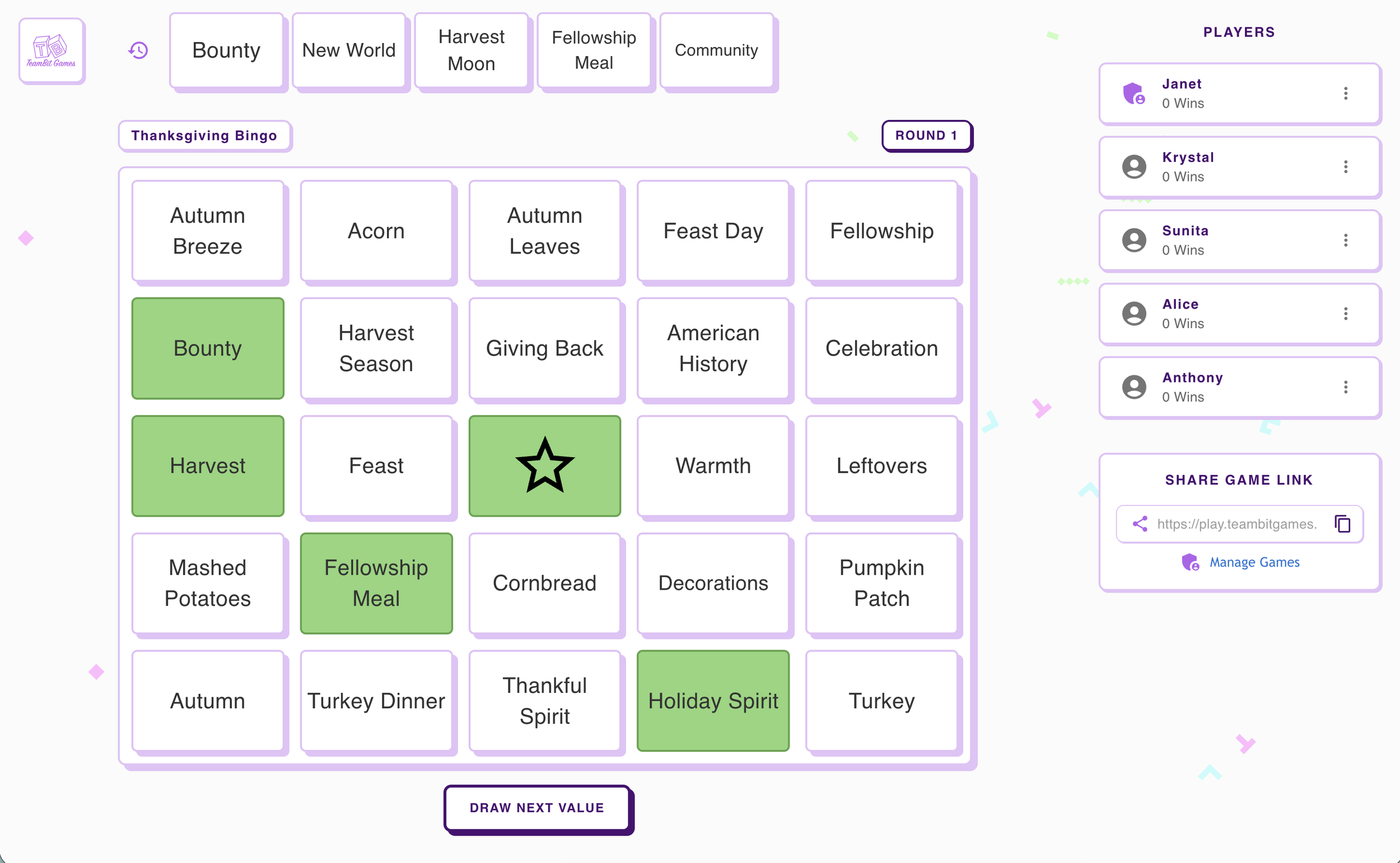 Screenshot of a Thanksgiving-themed bingo game board with various holiday-related words including Bounty, New World, Harvest Moon, Fellowship Meal, Community, Autumn Breeze, Acorn, Autumn Leaves, Feast Day, Fellowship, Harvest Season, Giving Back, American History, Celebration, Mashed Potatoes, Cornbread, Decorations, Pumpkin Patch, Autumn, Turkey Dinner, Thankful Spirit, and Holiday Spirit. Some words are highlighted in green, indicating selections, with a star icon over the selected word 'Warmth'.