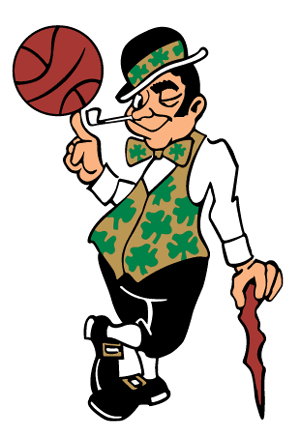 Cartoon leprechaun spinning a basketball on his finger.