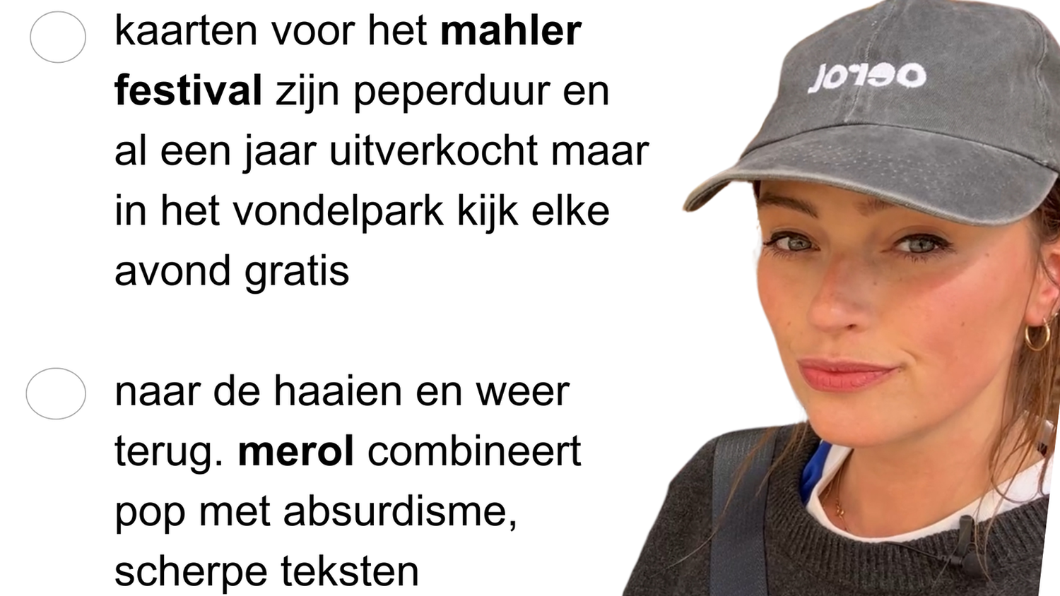 Rachel Pouwer, A woman with blue eyes, wearing a gray baseball cap with white logo, small earrings, and a dark cardigan over a white shirt, looking at the camera. In the background are a list culture tips she recommends.