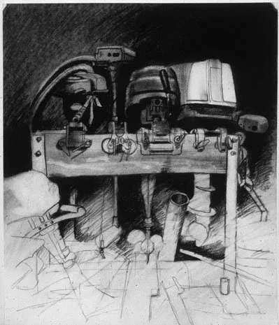 Tom Northern's Garage / Charcoal on paper, 18" x 24" / Available