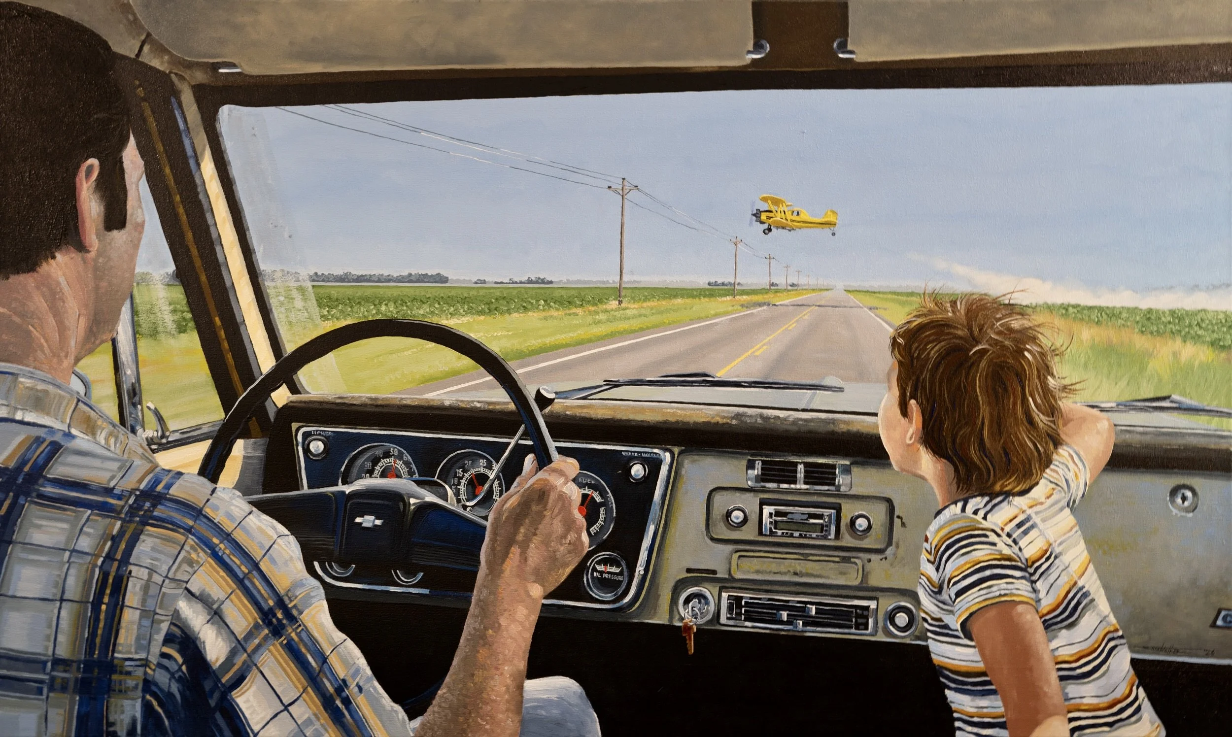 Oil painting depicting a view from inside a 1968 Chevrolet pickup truck as a yellow crop duster airplane crosses the highway ahead.