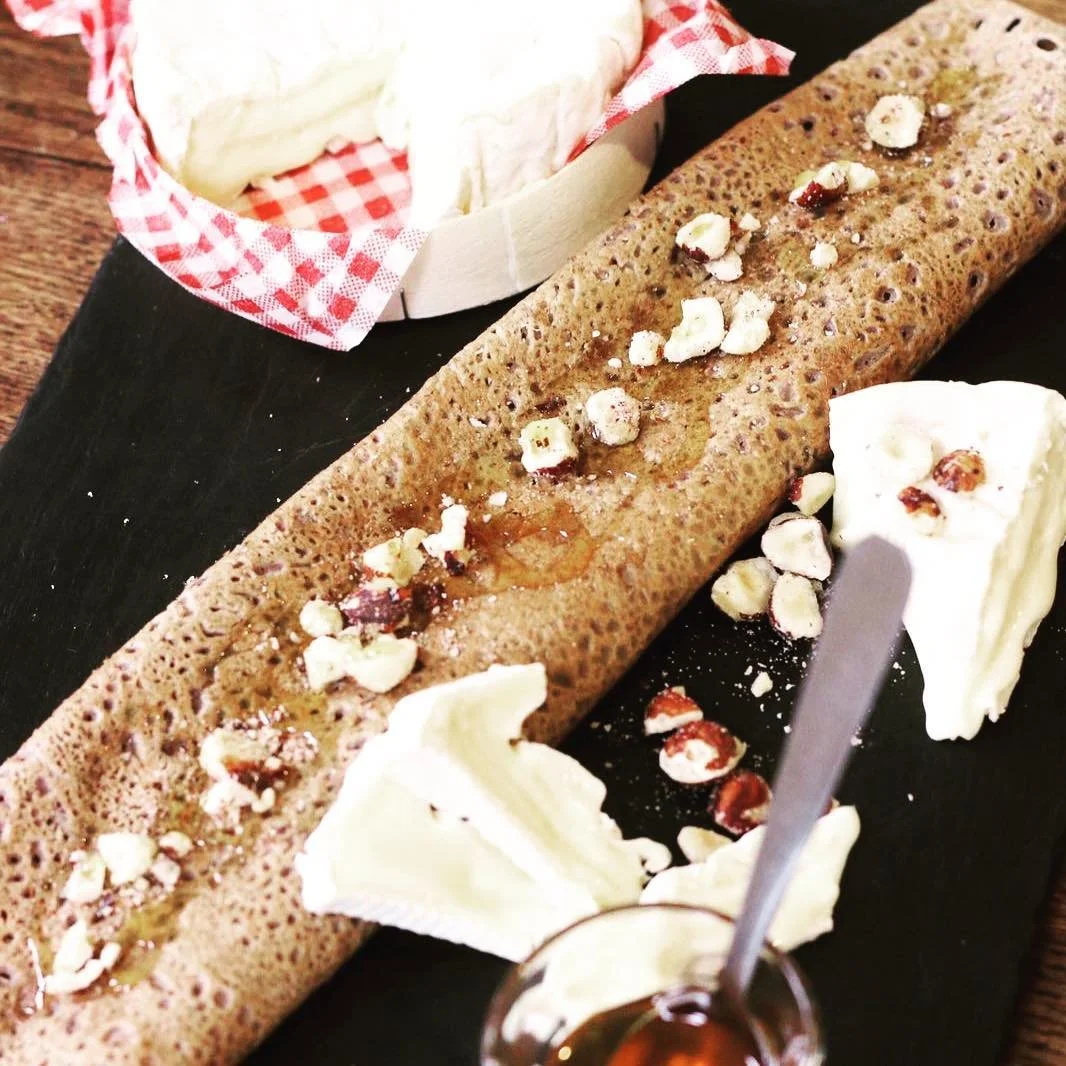 A Normandy Galette topped with honey and hazelnuts, served with Camembert and a beautiful salad.