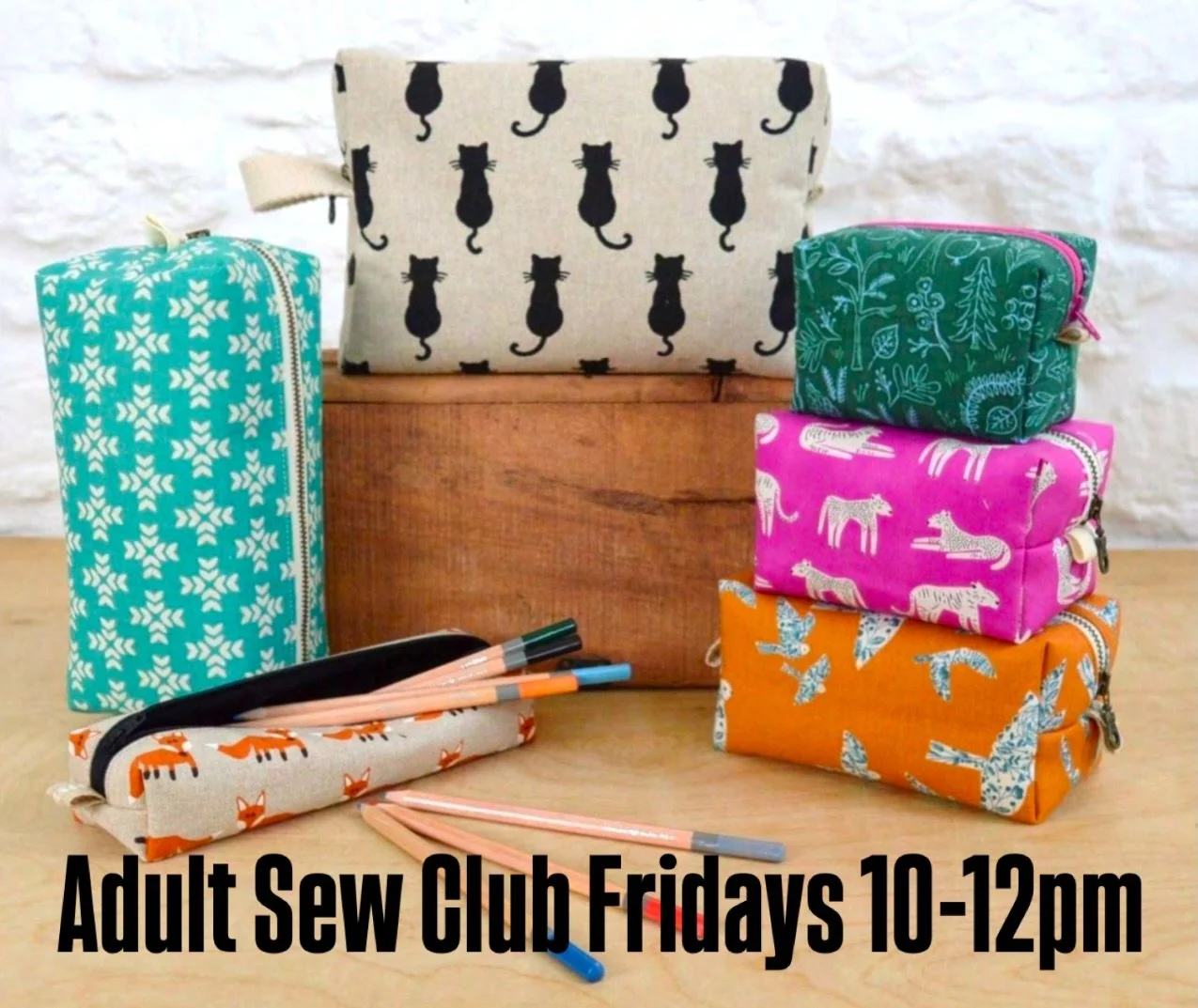 Adult Sew club meets twice a month on selected Fridays 10am-12pm  join us with your own projects - we are here to help you along the way OR during the month of Feb and March join us in making Tote bags and Pouches! Best of all we have a fabric store 
