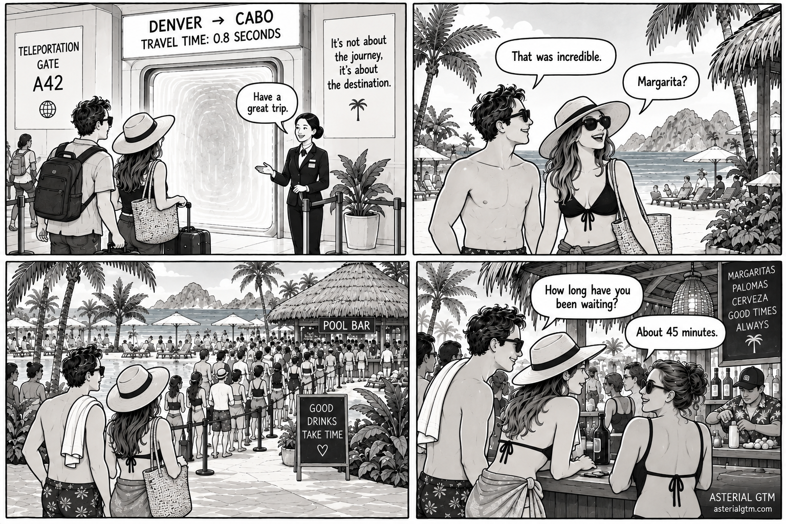 Black-and-white four-panel cartoon showing a couple teleporting from Denver to Cabo in 0.8 seconds, then encountering a huge line at the resort pool bar and learning the wait for a margarita is 45 minutes.