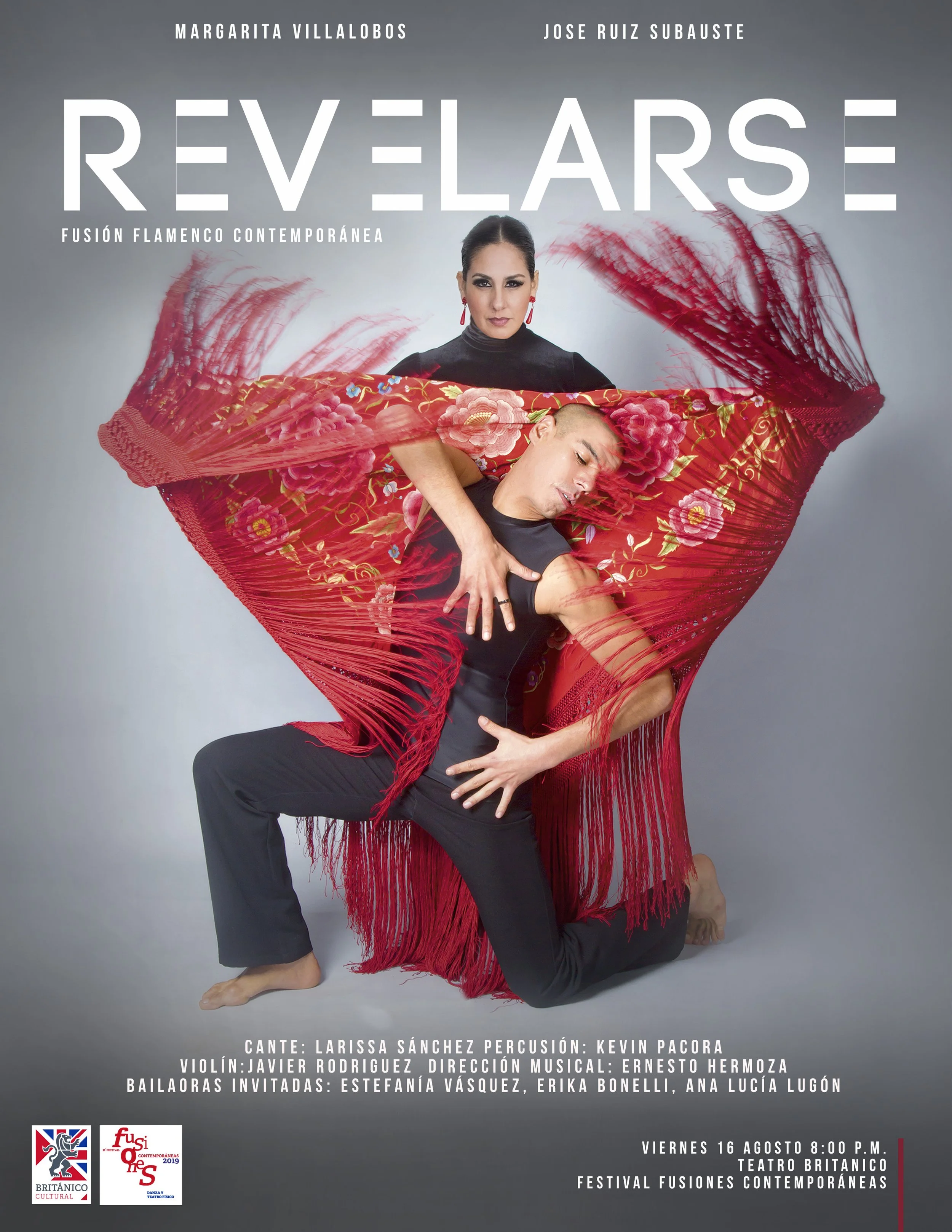Poster for a contemporary flamenco fusion performance titled 'Revelarse' featuring dancers and musicians. The poster displays a woman with dark hair and earrings, and a man with short hair, both dressed in black, performing in front of a gray background with red flowing fabric. The event is scheduled for Friday, August 16 at 8:00 PM at Teatro Británico as part of the Festival Fusiones Contemporáneas, with details about performers, including Larissa Sánchez Percusión and Javier Rodríguez.