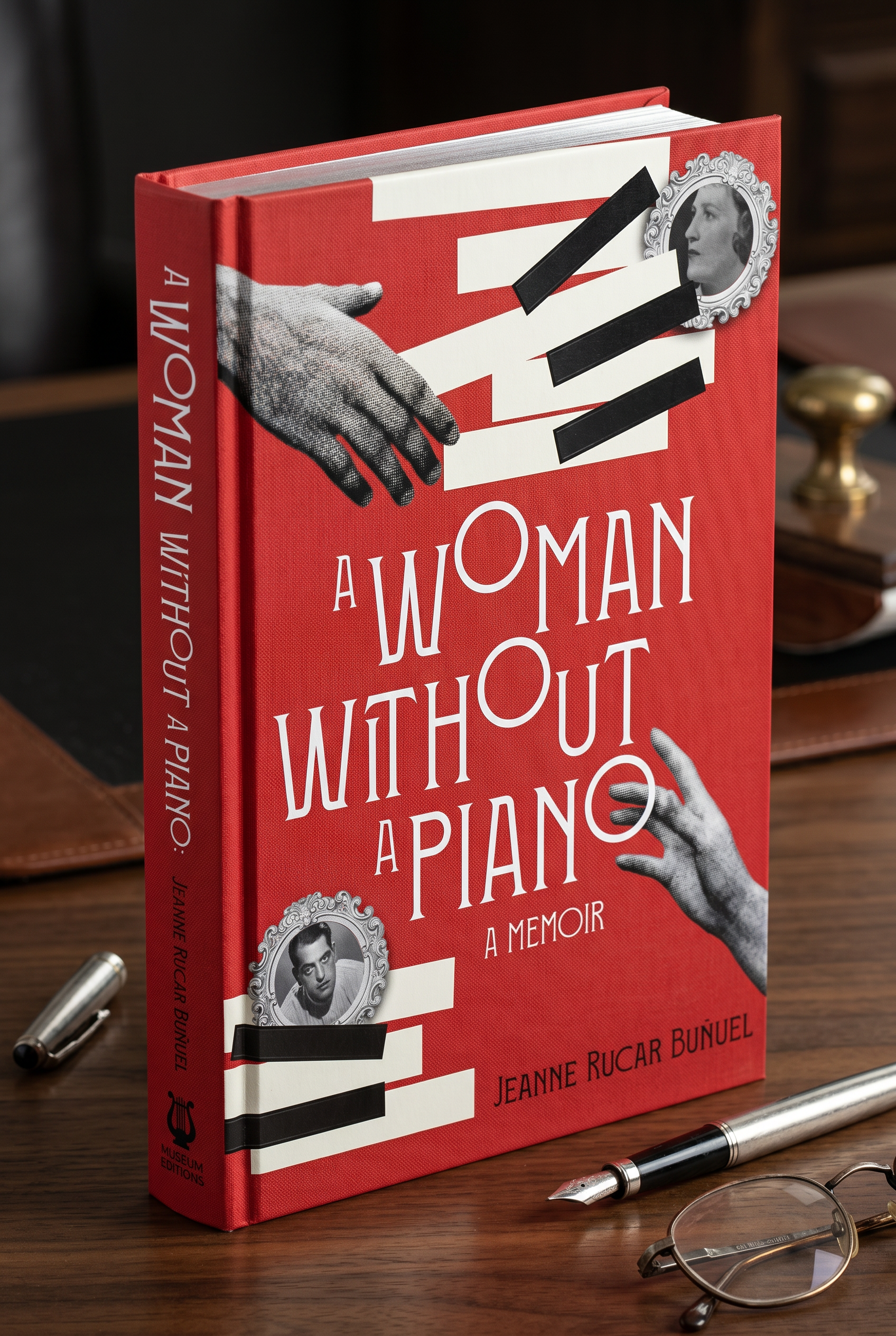 Red hardcover book titled "A Woman Without a Piano: A Memoir" by Jeanne Rucar Búnuel on a wooden desk, with a black and silver pen and a pair of reading glasses nearby, and a blurred background.