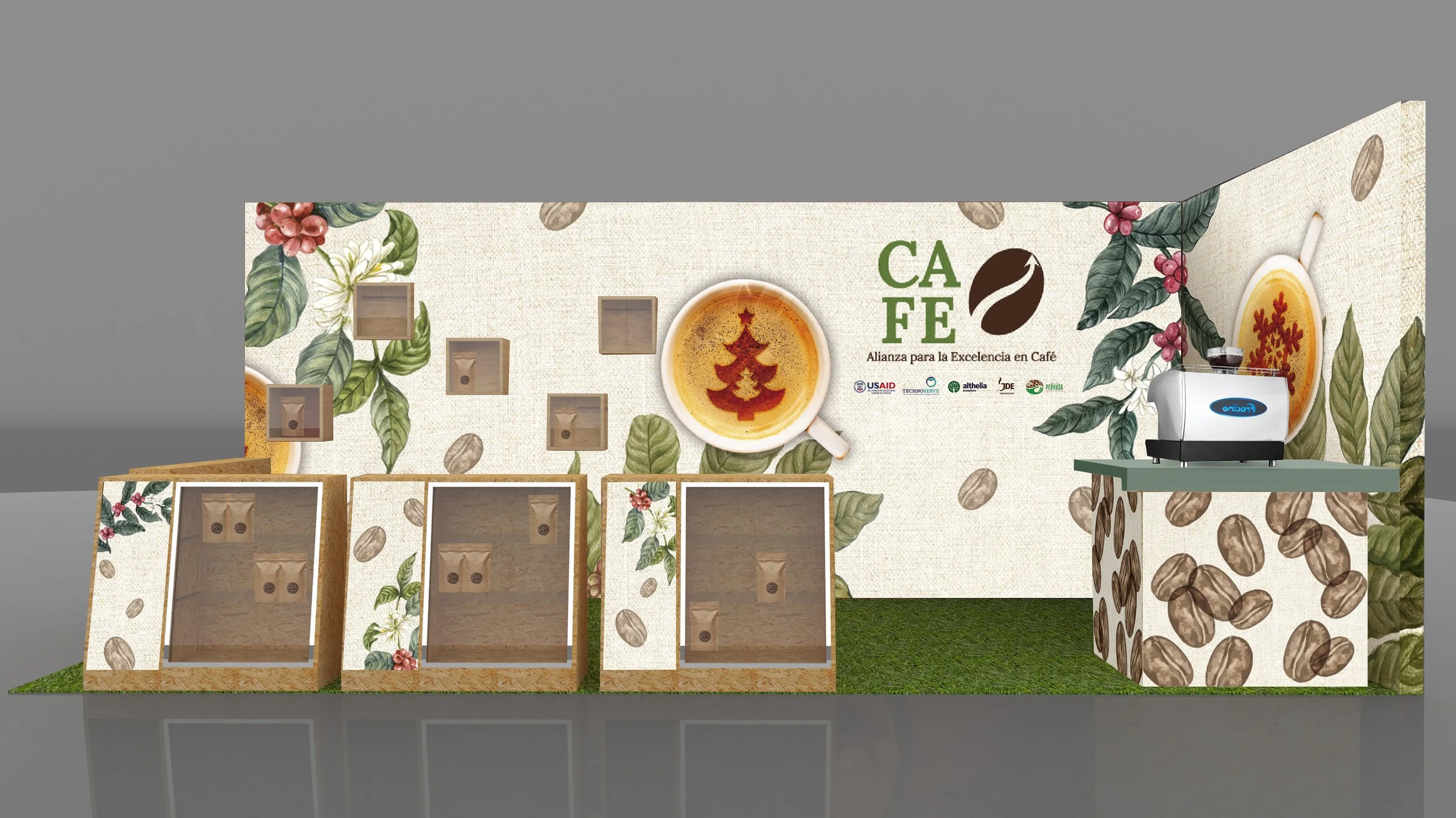A coffee-themed exhibition booth titled 'CAFÉ' with the subtitle 'Alianza para la Excelencia en Café,' decorated with coffee bean patterns, coffee plant illustrations, and images of coffee cups; includes a coffee bean grinder on the right and displays with coffee bags.