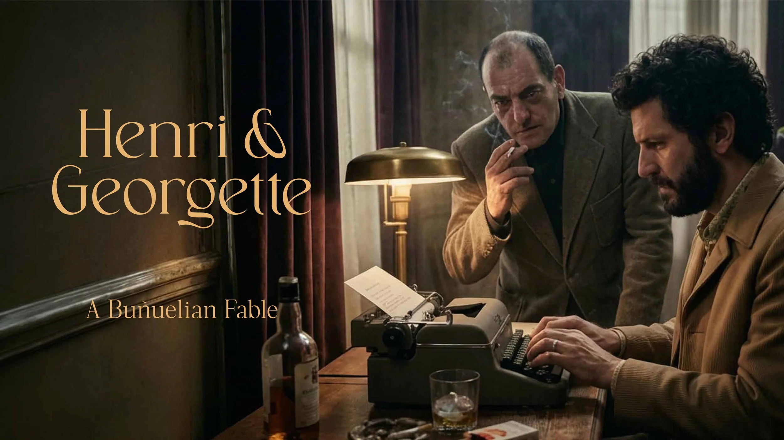 Two men in vintage clothing sitting at a desk with a typewriter in a dimly lit room, engaged in conversation. One man appears to be explaining something while the other looks at the typewriter.