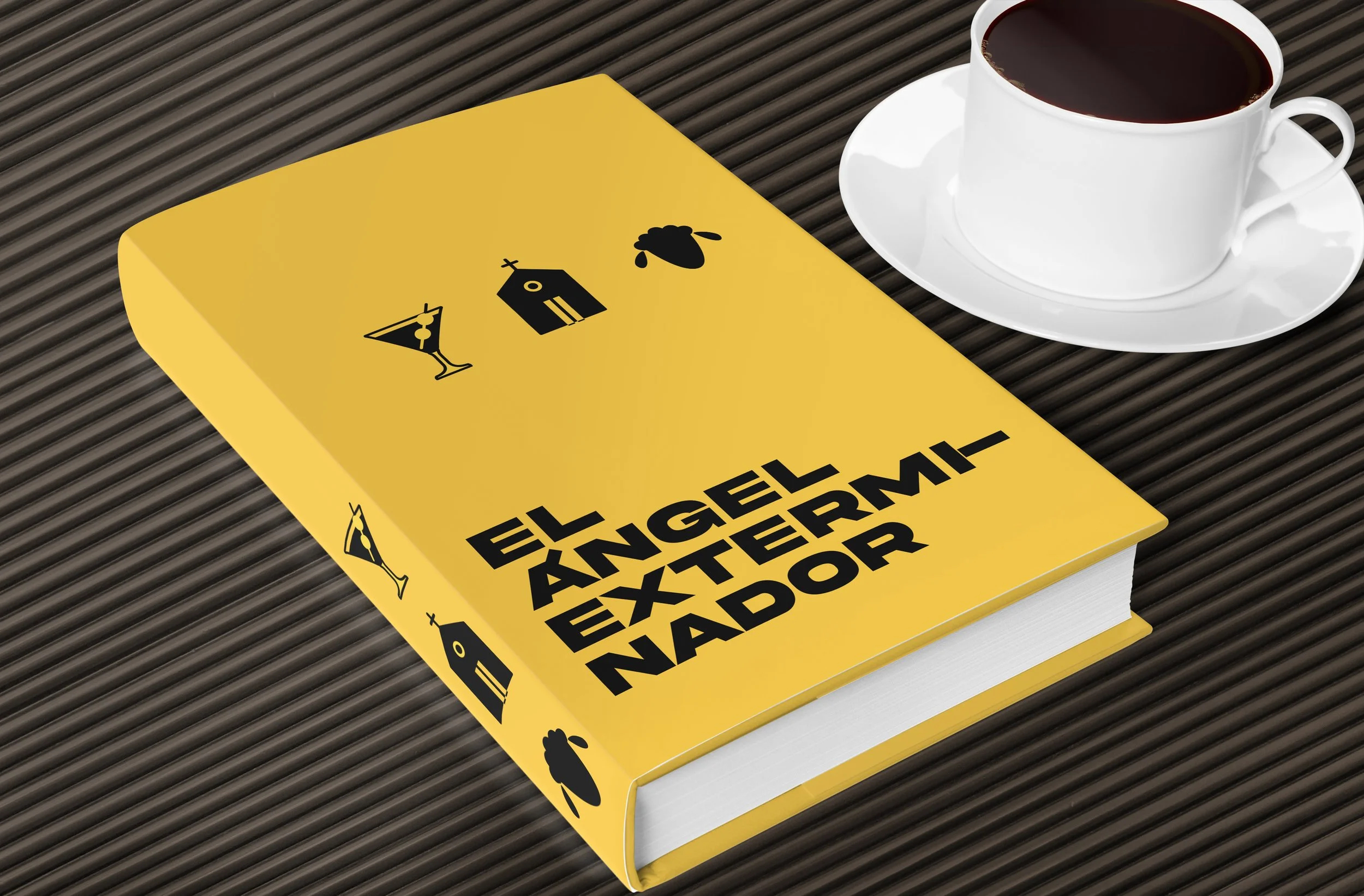 A yellow book titled 'The Engaged Antagonist' is placed on a dark brown textured surface. Next to the book, there is a white cup filled with black coffee, sitting on a matching white saucer.
