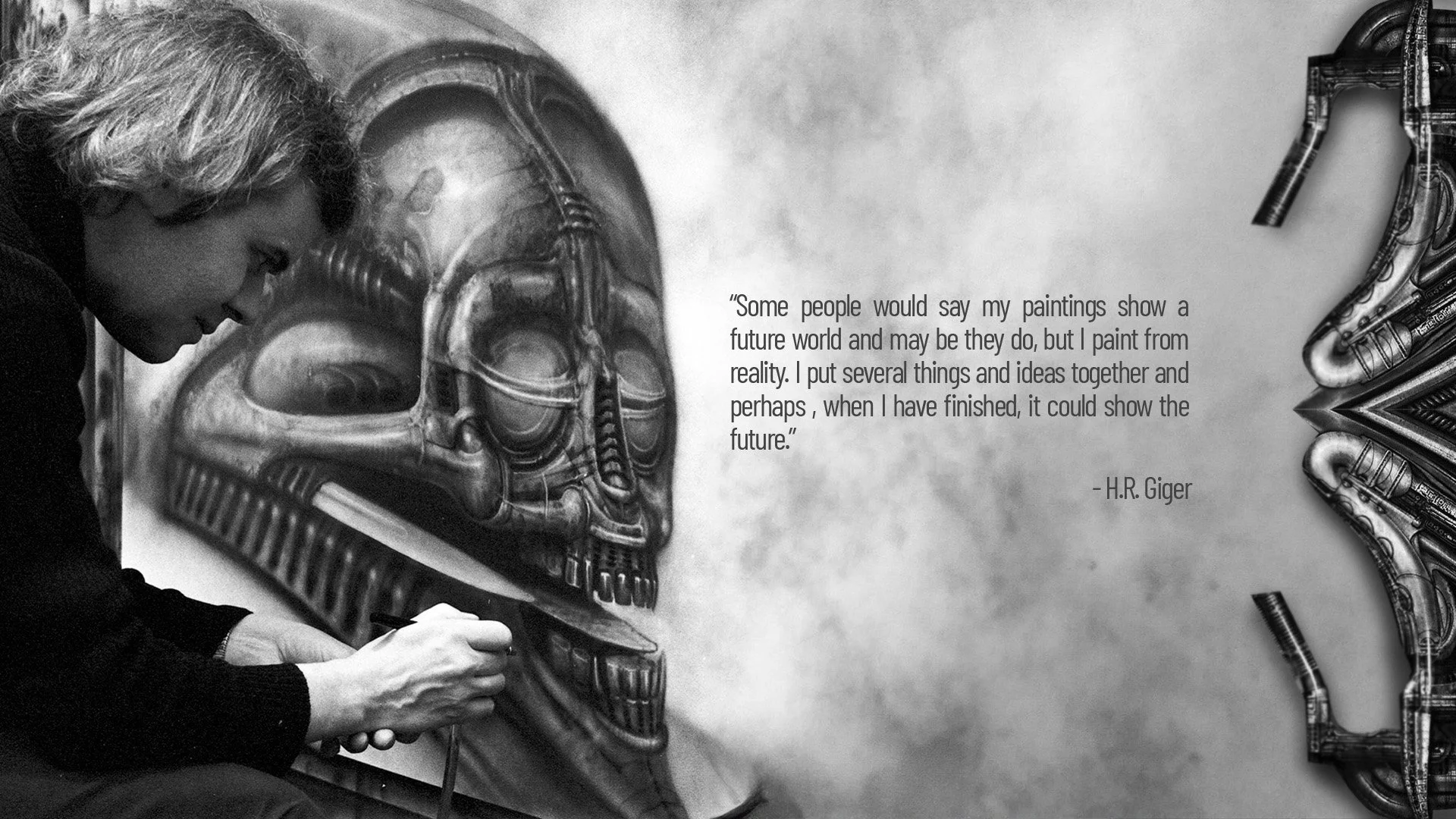 Artist working on a detailed painting of a robot skull with tubes and mechanical components, displayed next to a quote by H.R. Giger about painting and future world ideas.