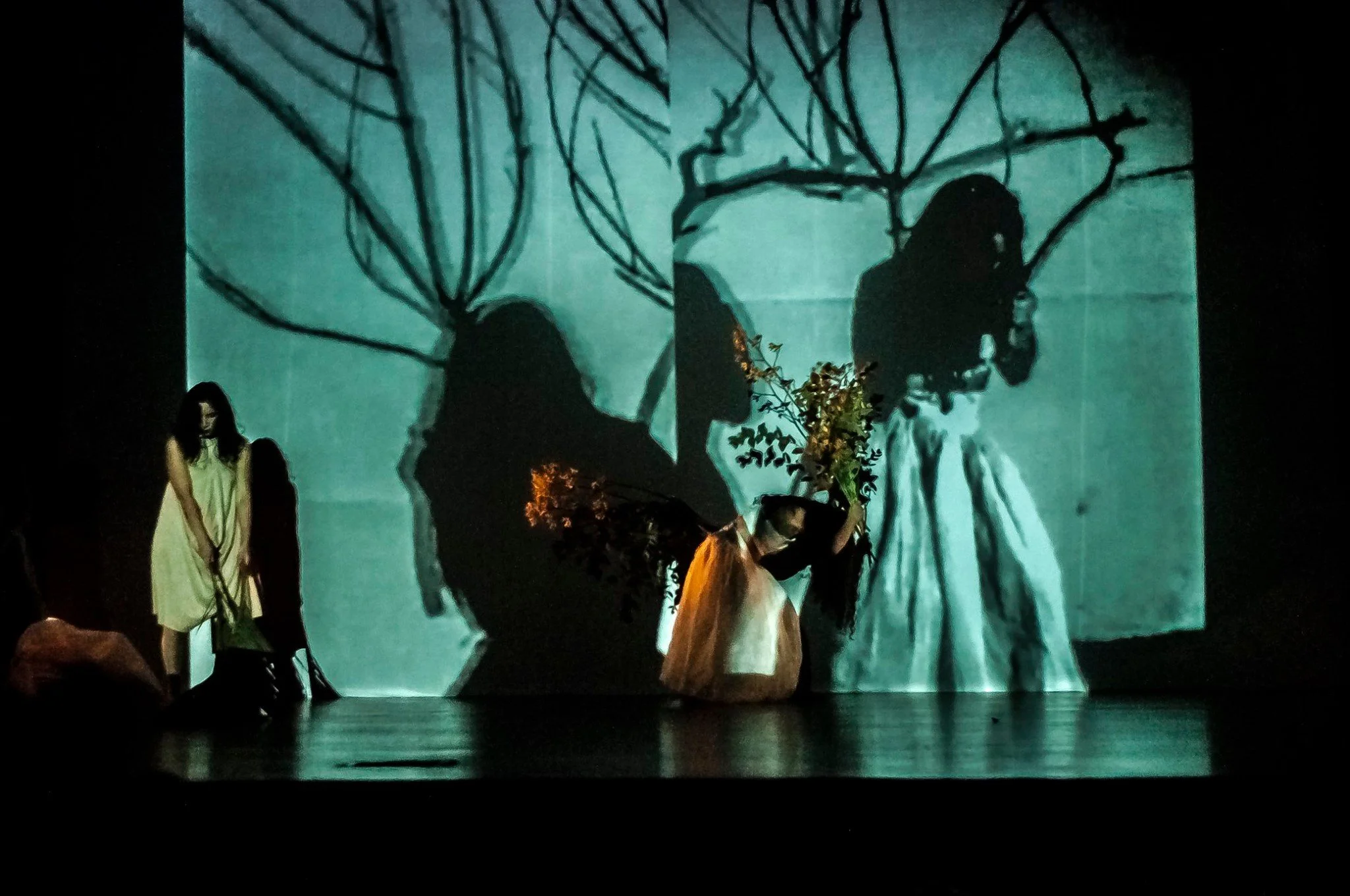 Performers on stage creating shadow art projected on a large screen behind them, with audience members in foreground.