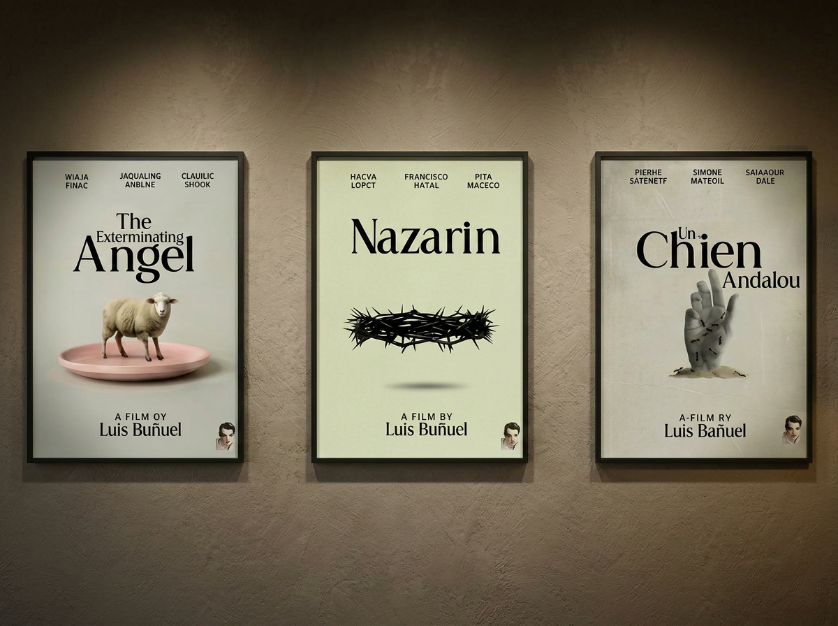 Three movie posters for films by Luis Buñuel, titled "The Exterminating Angel," "Nazarin," and "Un Chien Andalou," displayed on a wall.