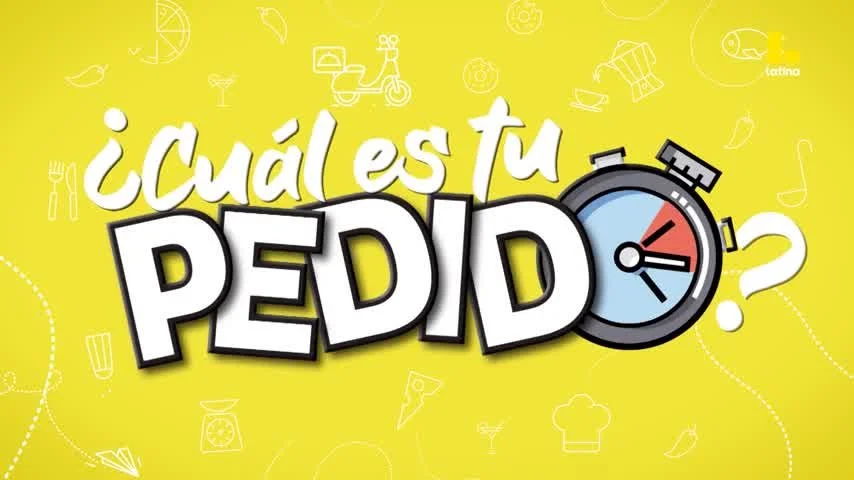 A colorful graphic with yellow background, featuring bold white and black text in Spanish that reads "¿Cuál es tu pedido?" with a cartoon stopwatch and small food and restaurant icons.