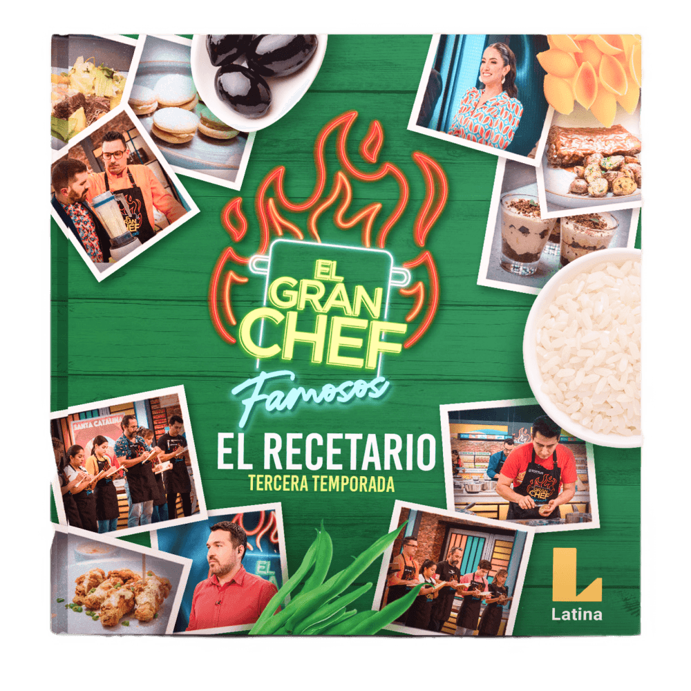 Cover of a Latin American TV show called 'El Gran Chef Famosos: El Recetario Tercera Temporada,' featuring images of dishes, people cooking and participating, and a neon sign with flames.