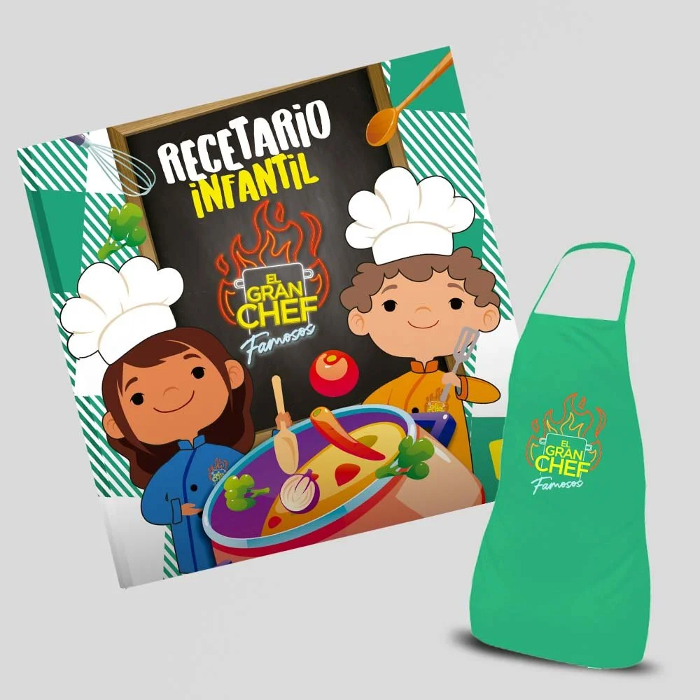 Children’s cookbook titled 'Recetario Infantil' from 'El Gran Chef Famosos' featuring cartoon kids cooking, with a chef hat, apron, and a bowl of food, alongside a green apron.