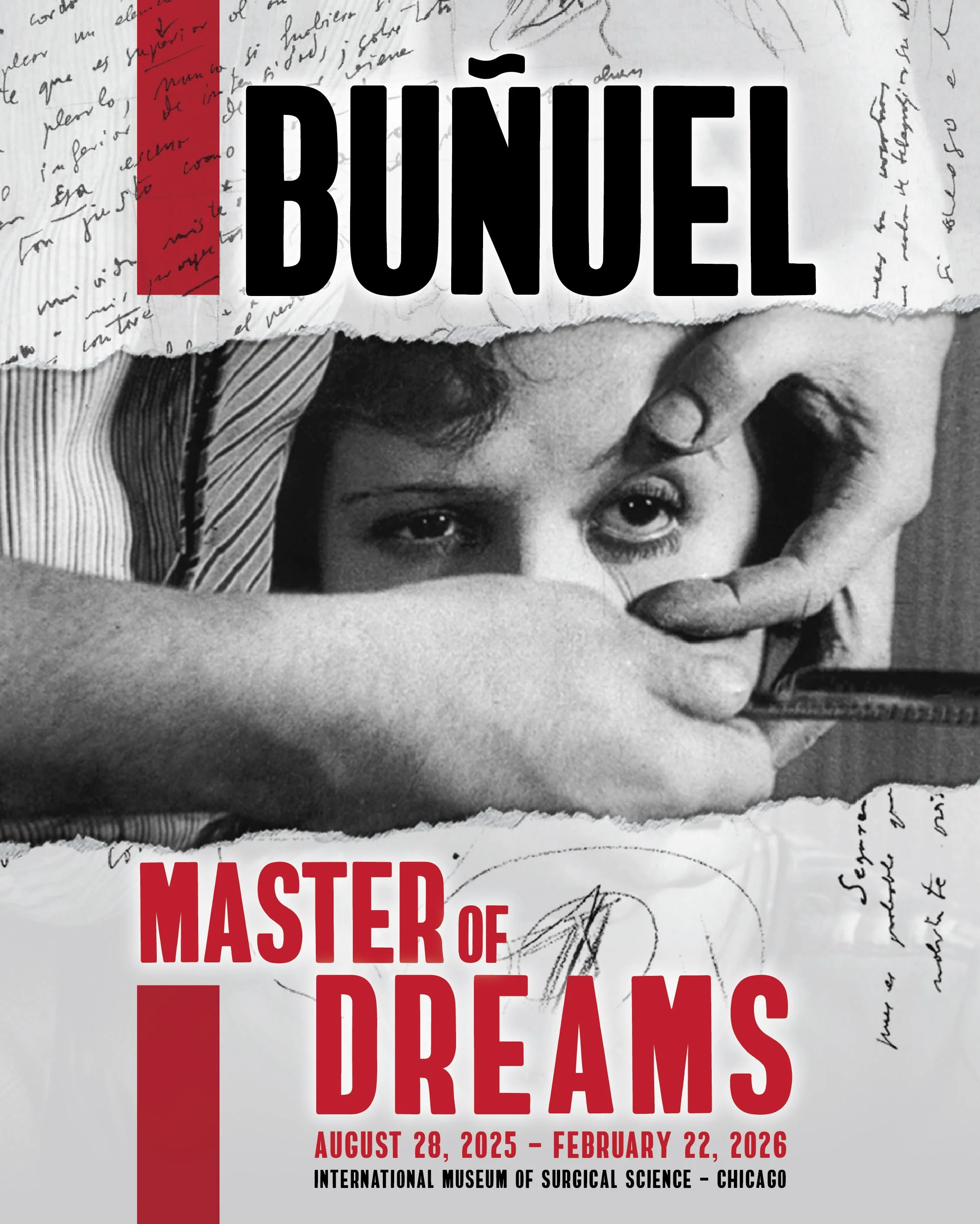 Black and white photograph of a young girl with curly hair, lying on her side and resting her head on her hand. Overlayed on the top part of the image is a torn piece of handwritten paper with cursive writing, and the title of an exhibition, 'Bióniel Master of Dreams,' in bold black and red text, along with dates and location information about an event at the International Museum of Surgical Science in Chicago.