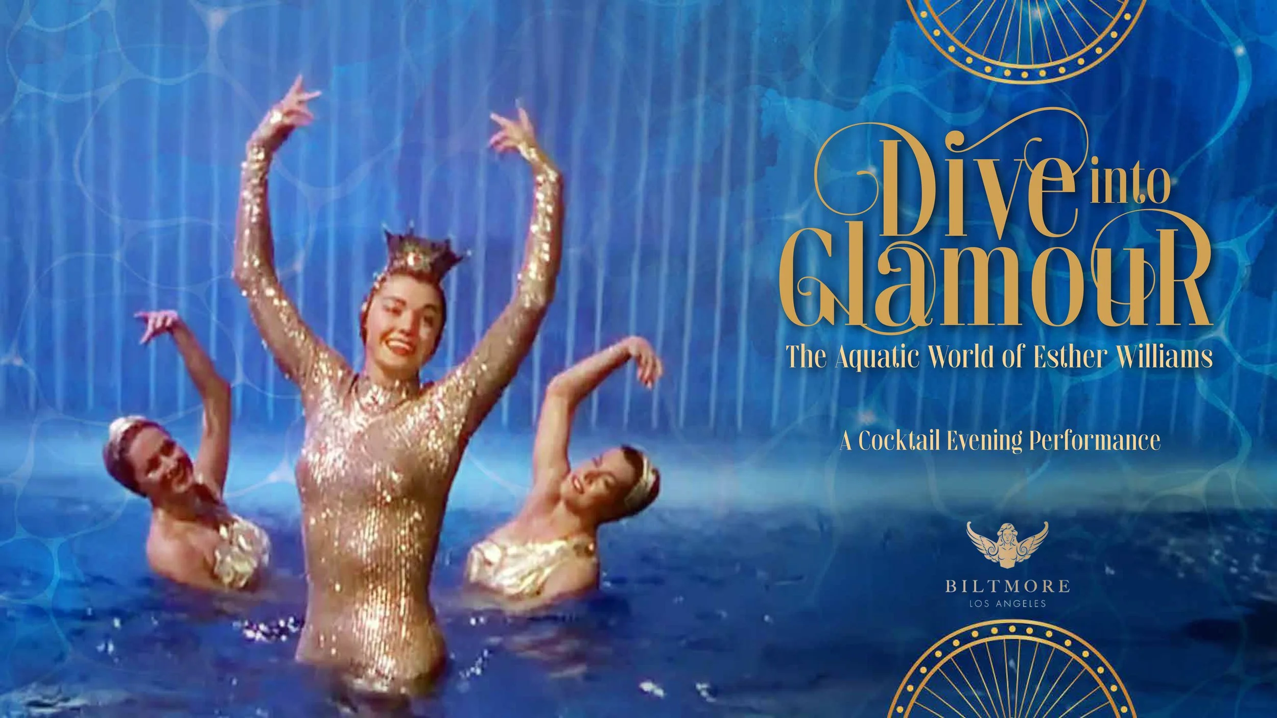 Promotional poster for 'Dive into Glamour,' a cocktail evening performance featuring dancers in gold costumes on a blue water-themed background with golden text and graphics.