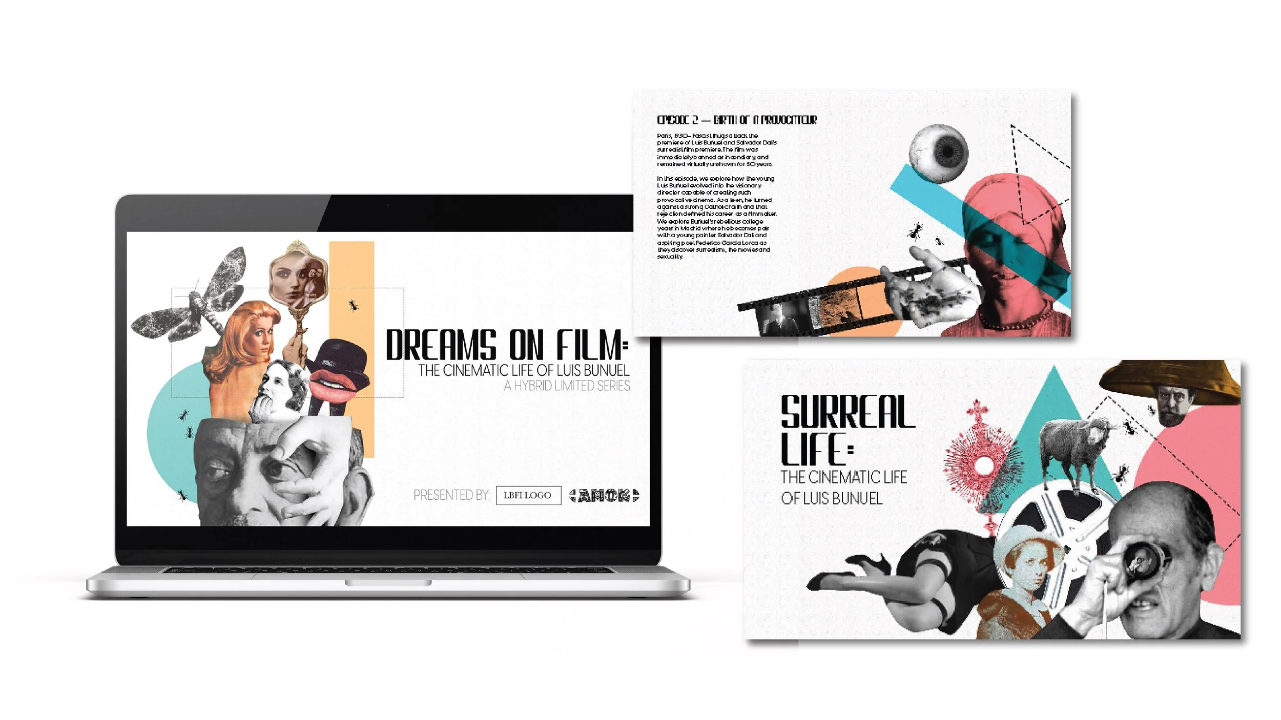 Digital collage with vintage and surreal film-inspired imagery, including faces, eyes, animals, a film strip, and abstract shapes, promoting a series about filmmaker Luis Bunuel.