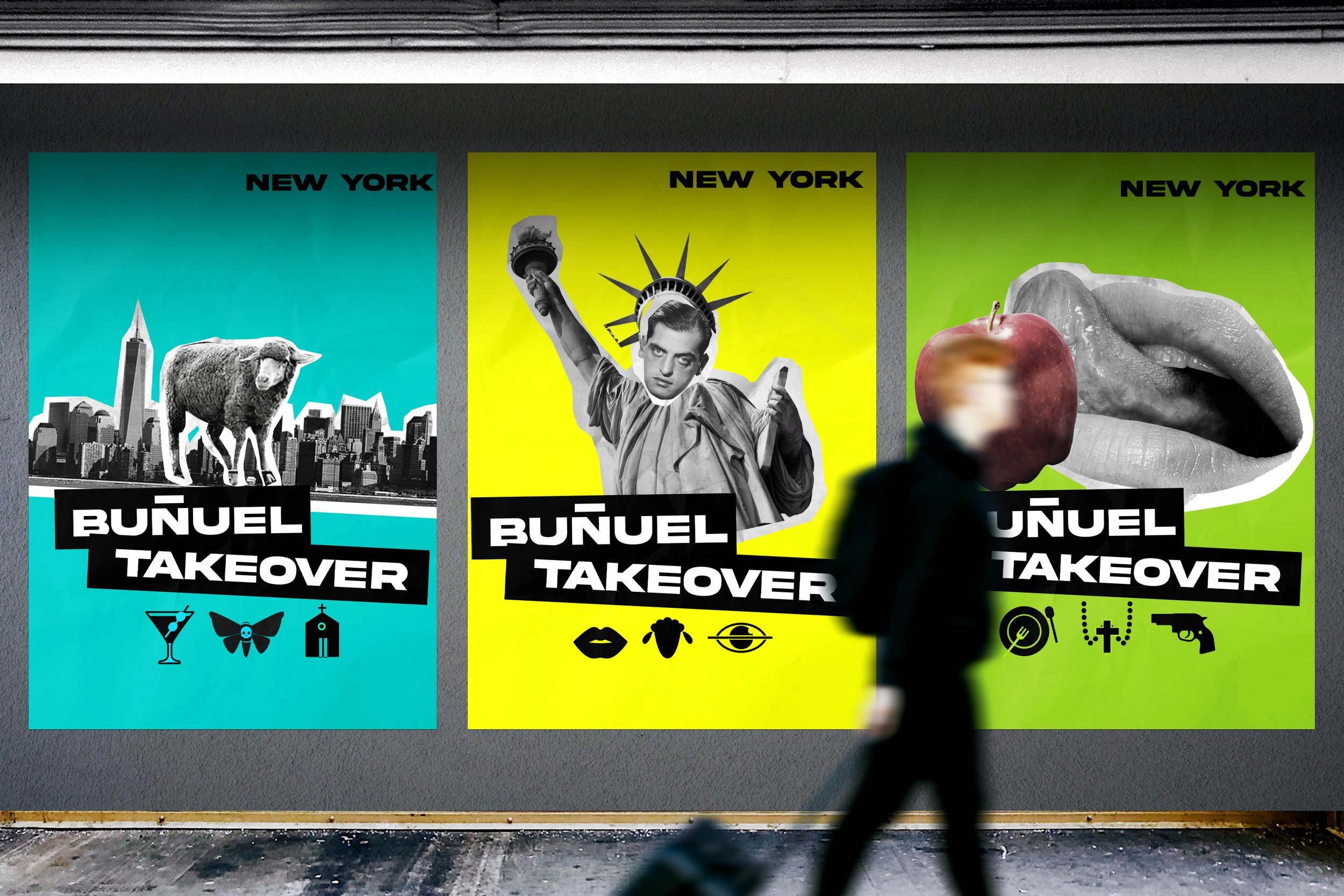 Three colorful posters titled 'Bunuel Takeover' displayed on a wall, with the first showing New York City skyline and a bull, the second featuring a vintage image of a woman holding the Statue of Liberty torch, and the third depicting a mouth with an apple inside.