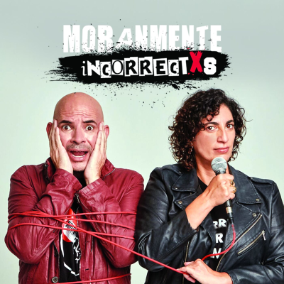 A man with a shocked expression and a woman holding a microphone, connected by red tape, against a green background with the text 'MORBAMENTE INCORRECTXS' at the top.