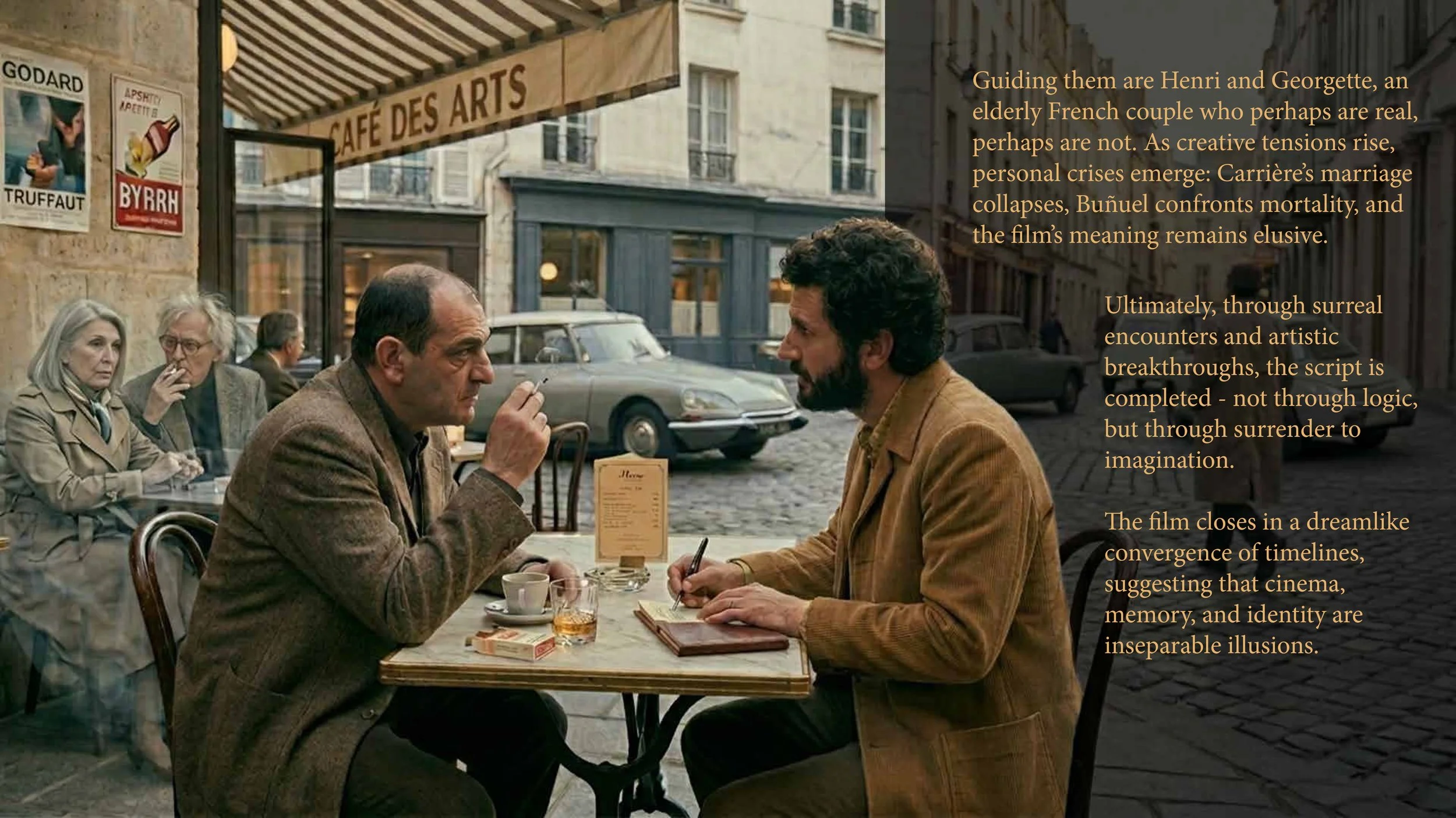 Two men are sitting at an outdoor café table in a European city street, engaged in conversation. One man is smoking a cigarette, and the other is writing in a notebook. In the background, three women are seated at another table, with vintage cars and classic architecture visible on the street.