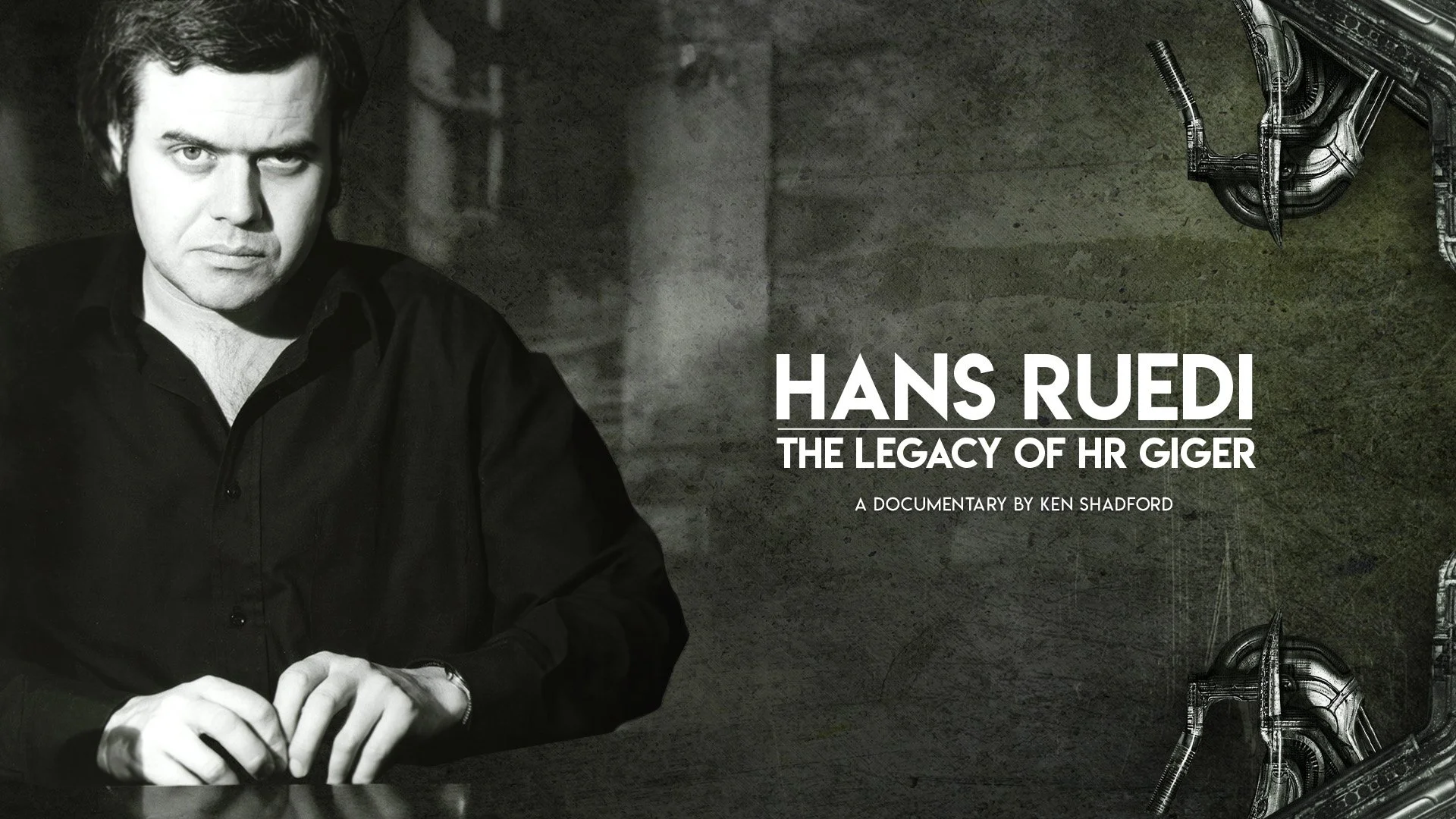 Poster for the documentary 'Hans Ruedi: The Legacy of HR Giger' featuring a black-and-white photograph of a man in a black shirt and dark background with a mechanical dragon design in the upper right corner.