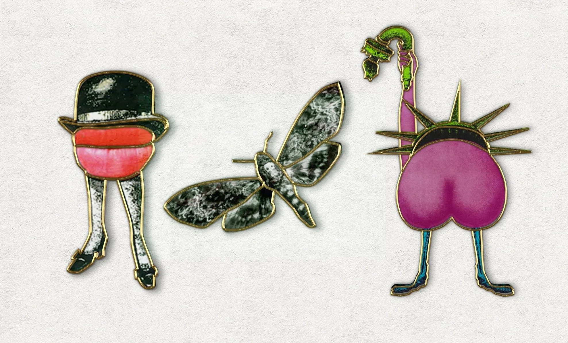 Decorative metal pins shaped like a person wearing a hat and mask, a butterfly, and a sun with a purple half-circle body and green rays.