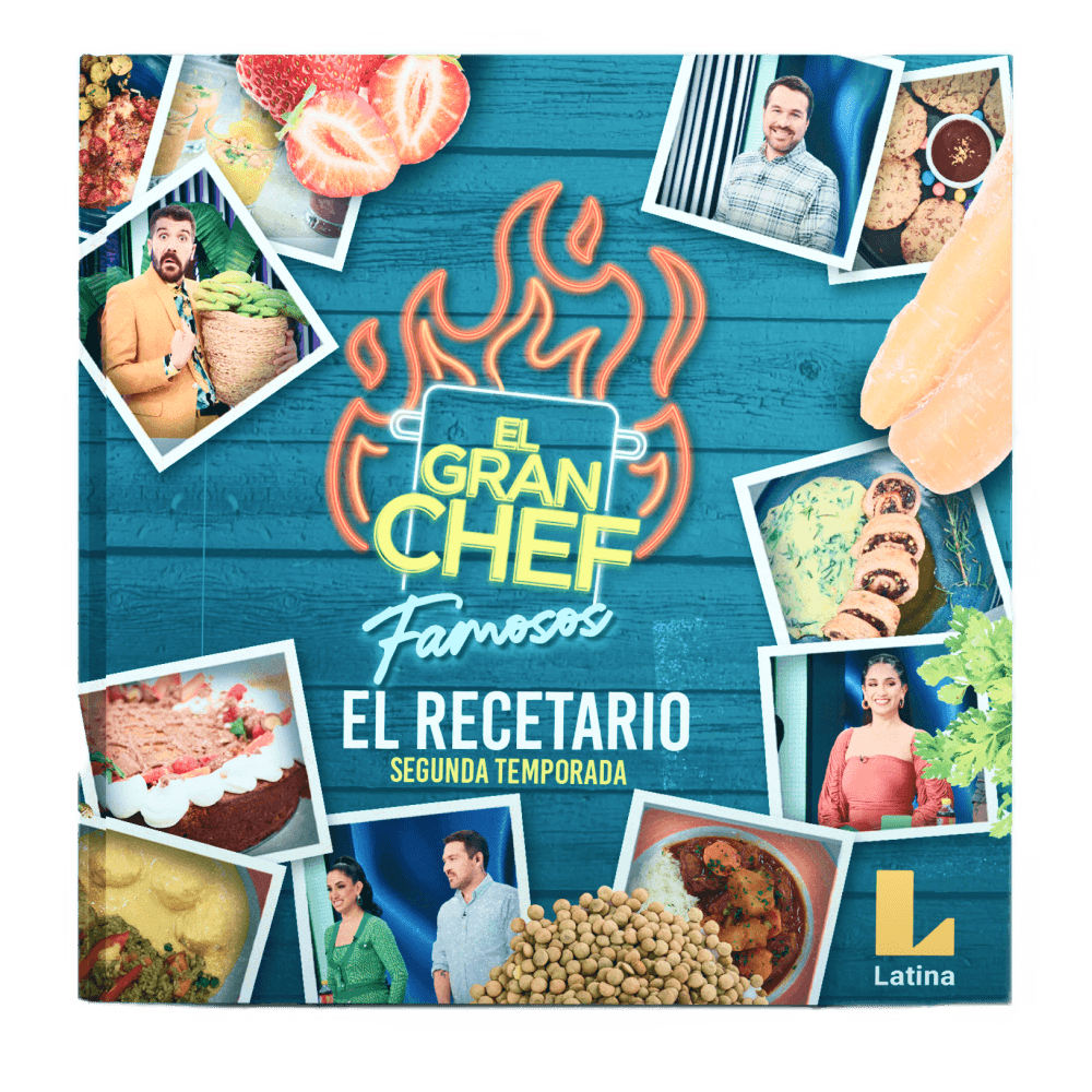 Collage featuring various dishes, ingredients, and people, with the title 'El Gran Chef Famosos' and subtitle 'El Recetario Segunda Temporada' on a blue wooden background.