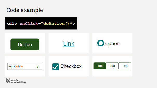 The code snippet, with below generic versions of a button, link, radio option, accordion, checkbox, tab